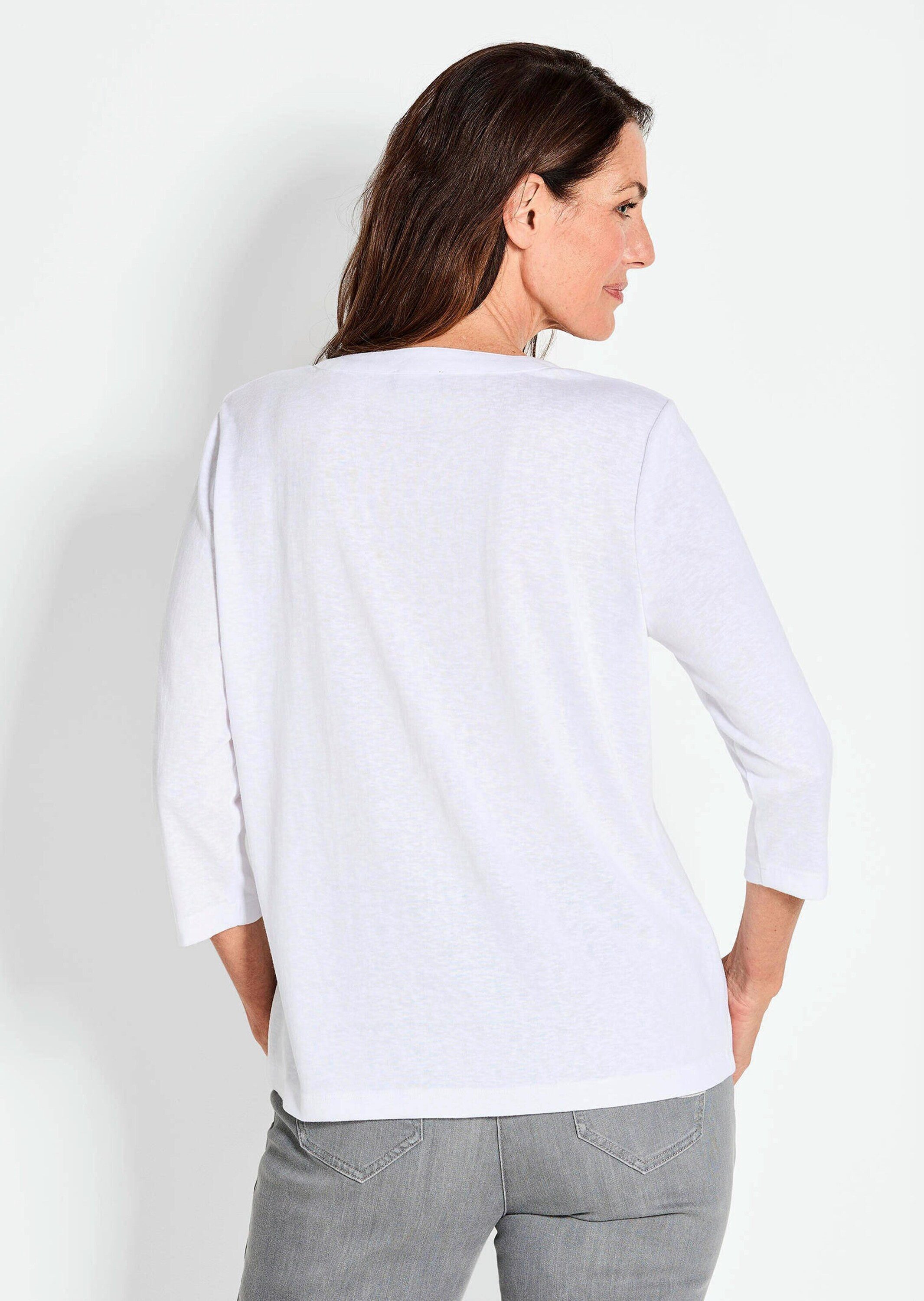 GOLDNER T-Shirt Modisches 3/4-Arm-Oberteil Sommerbluse mit V-Ausschnitt, pflegeleichter Jersey, körniger Griff