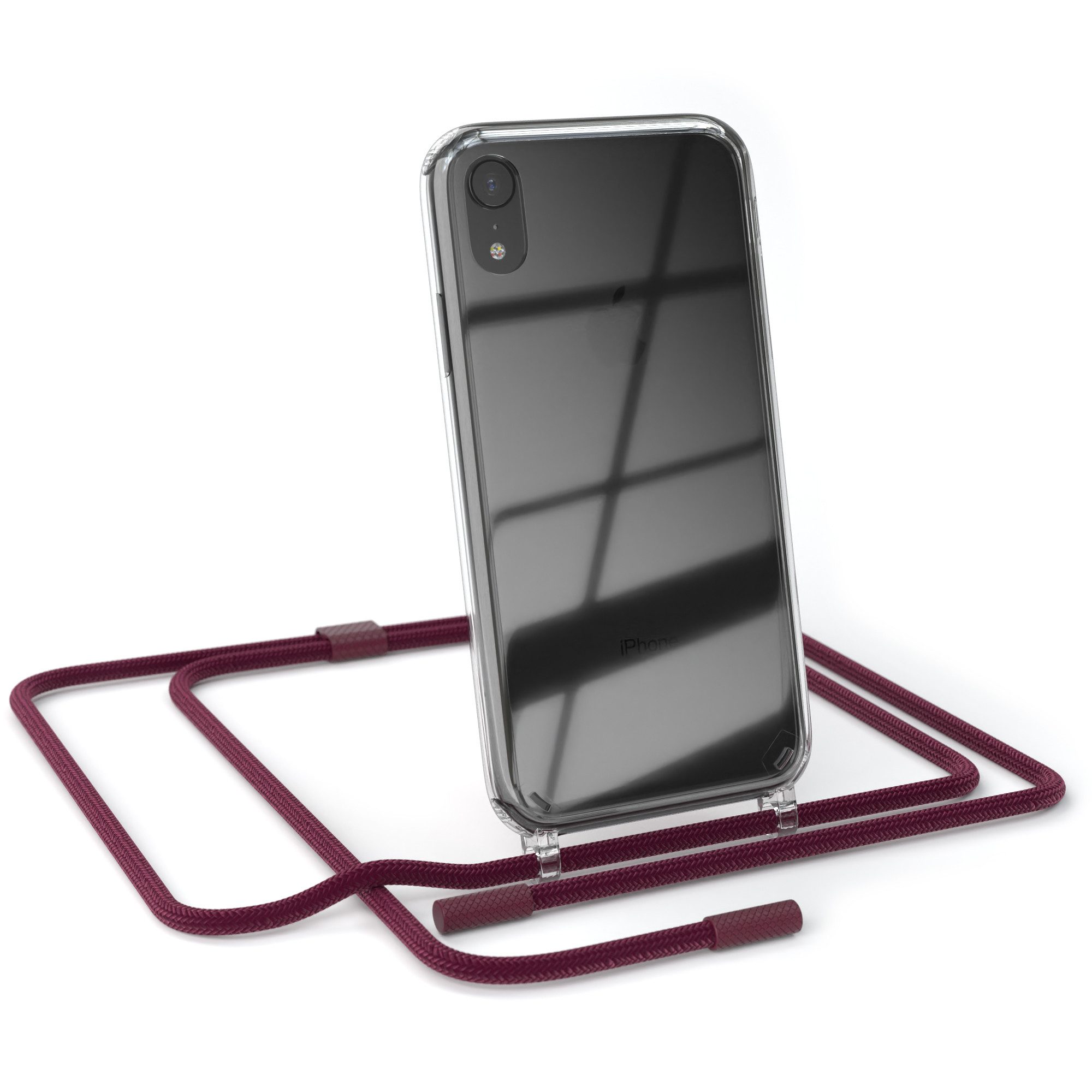 EAZY CASE Handykette Silikon Kette Unifarbe für Apple iPhone XR 6,1 Zoll, Silicon Handyhülle mit breiter Kette Carabiner Bordeaux Rot Beere