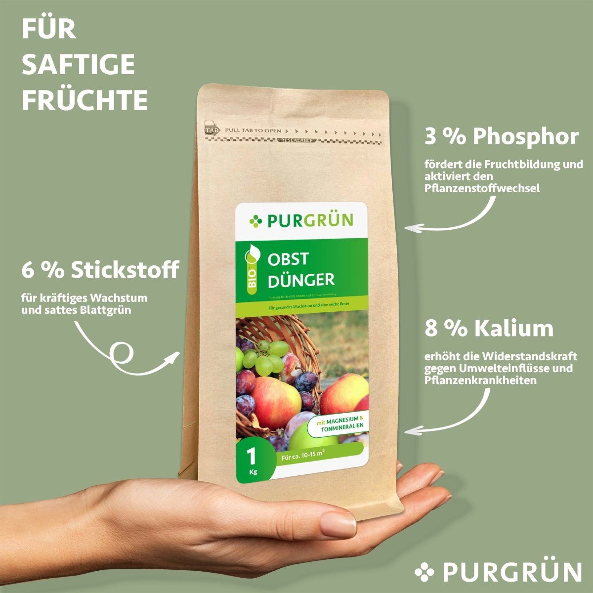 Thumbnail - Purgrün Obstdünger Purgrün Bio Obstdünger, NPK 6+3+8, Magnesium, 1 kg, Bio-Krümelgranulat, Natürliche Sofort- und Langze...