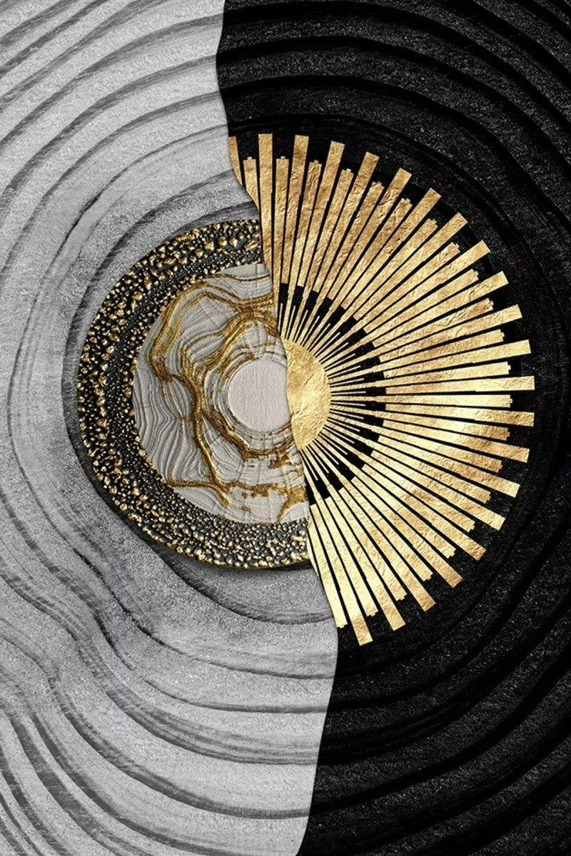 TPFLiving Kunstdruck (OHNE RAHMEN) Poster - Leinwand - Wandbild, Schwarzgold, raue organische Textur der Baumringe auf Leinwand (Leinwandbild XXL), Farben: Schwarz, Weiß, Grau, Gold -Größe: 20x30cm