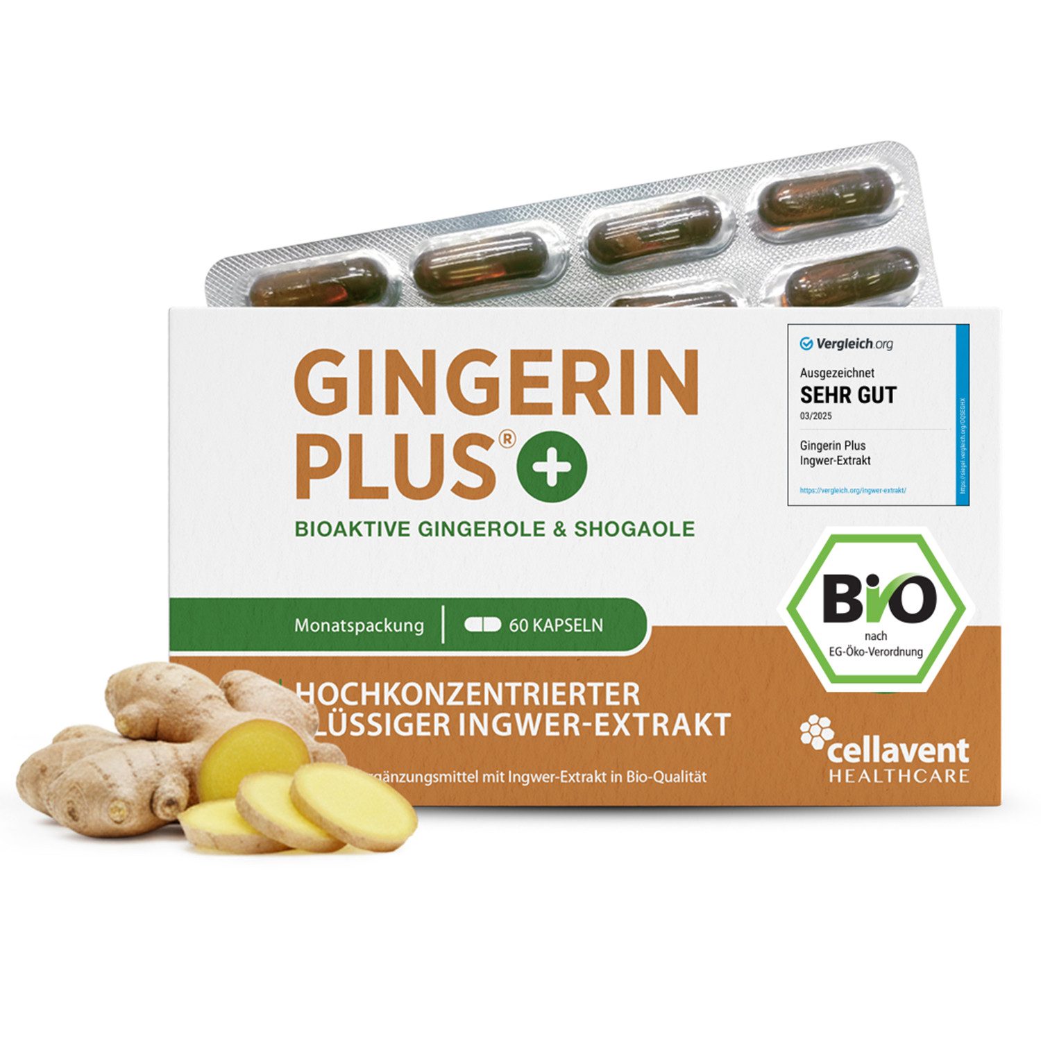 Cellavent Healthcare BIO Ingwer Kapseln - 22.000 mg Ingwerpulver - Gingerin PLUS Kapseln