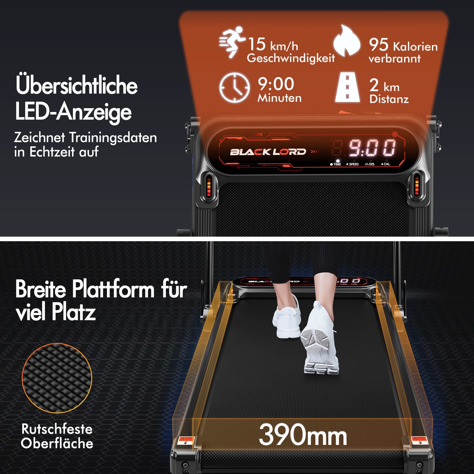 BLACK LORD Laufband 3,0PS Motor, 12 km/h, mit Steigung, Bluetooth App Steuerung, 390mm, 3 Stufen Neigung, LED Display, Fernbedienung, Untertisch