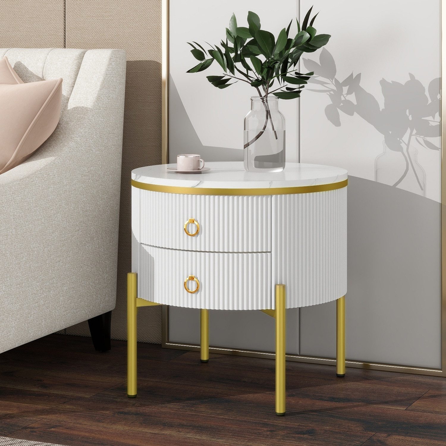 ANYSUN Beistelltisch Couchtisch mit Schubladen (mit spezieller Oberfläche, Marmorstruktur, goldenen Beinen und Griffen, verstellbar), Einfacher Aufbau für Wohnzimmer Schlafzimmer,Ø50x51cm