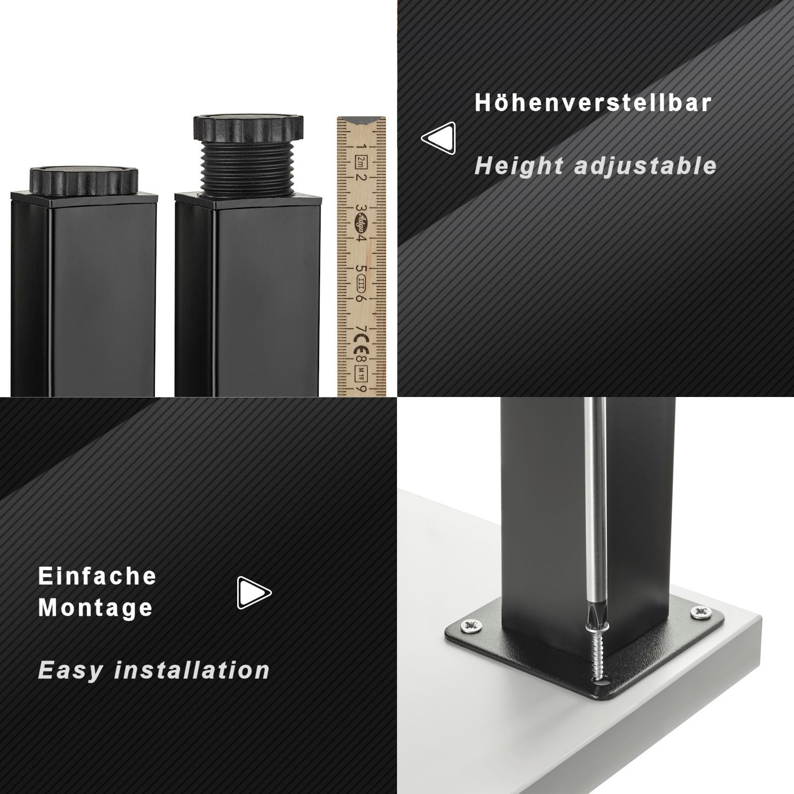 SO-TECH® Möbelfuß ZULU 38 x 38 mm 100 - 150 mm, belastbar bis 100 kg pro Fuß, (1-St), Vitrinenfuß Sockelfuß Schrankfuß Höhe 100 mm schwarz matt