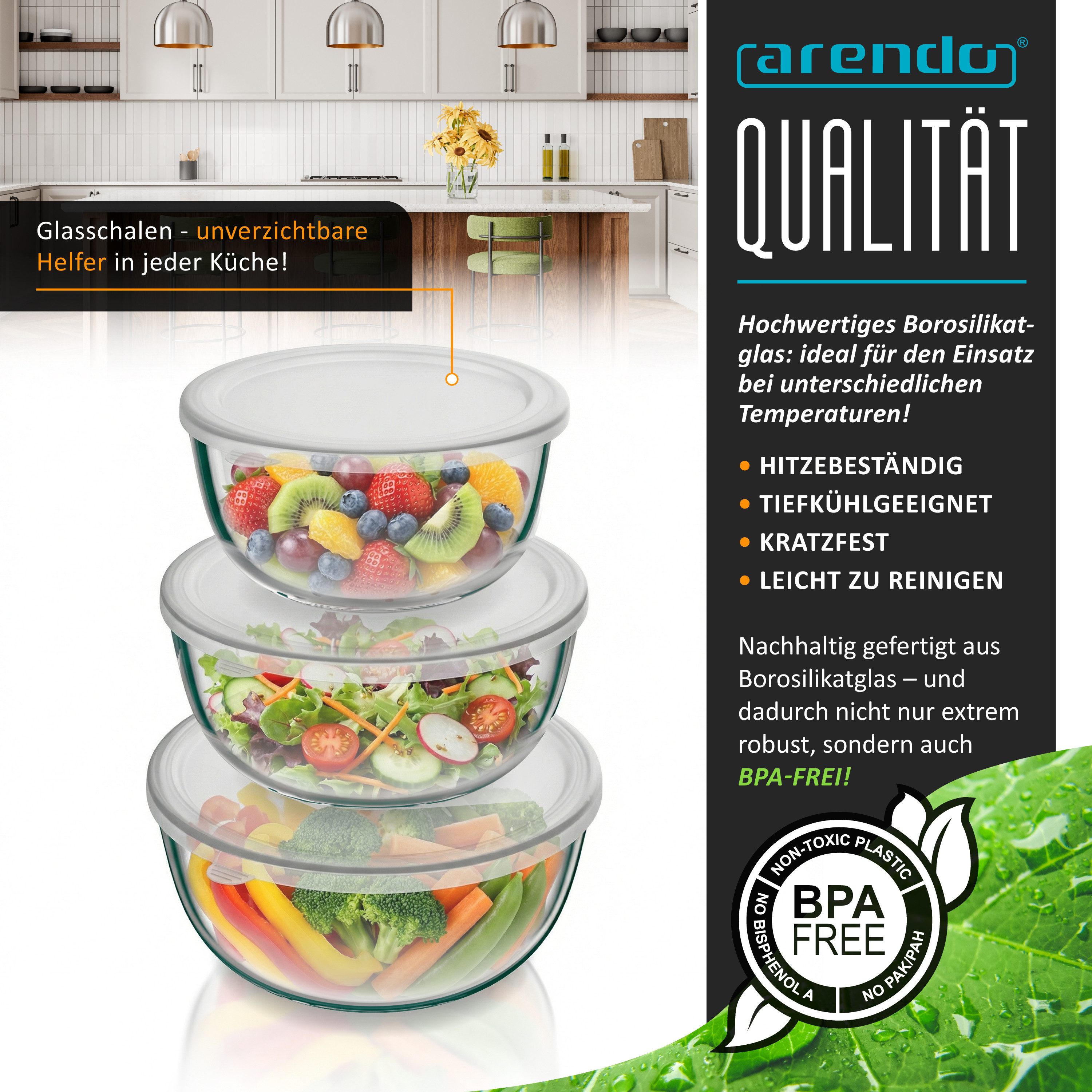 Arendo Salatschüssel 3er Set mit Deckel, Glasschüssel 0,7L / 1,1L / 1,5L, Glas Rührschüssel, Glas, (3er Set, 3-tlg), Glasschale, BPA-frei, Spülmaschinen und Mikrowellen geeignet