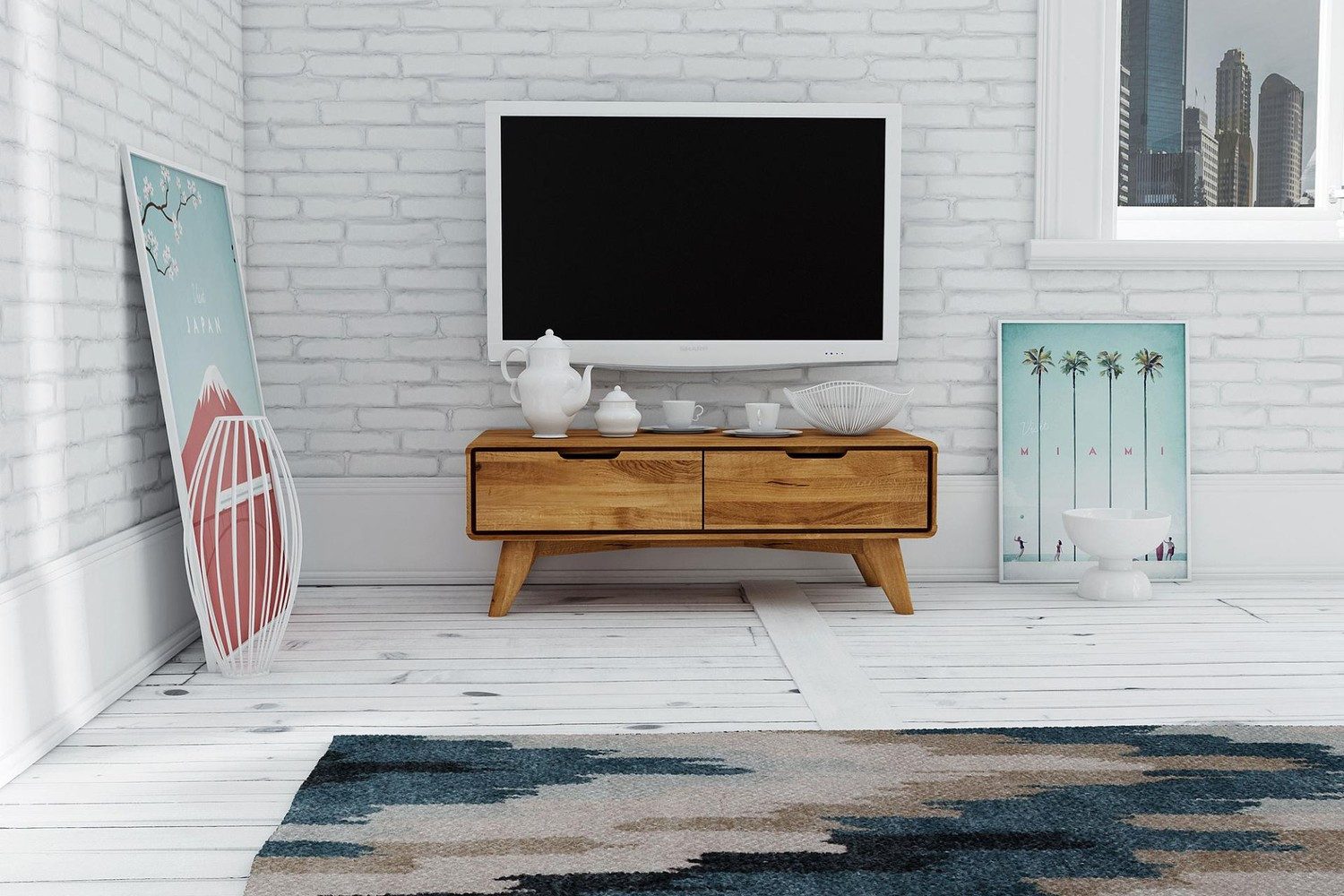 Natur24 Lowboard TV-Board Gerg Wildeiche massiv 90x40x33cm mit 2 Schubladen