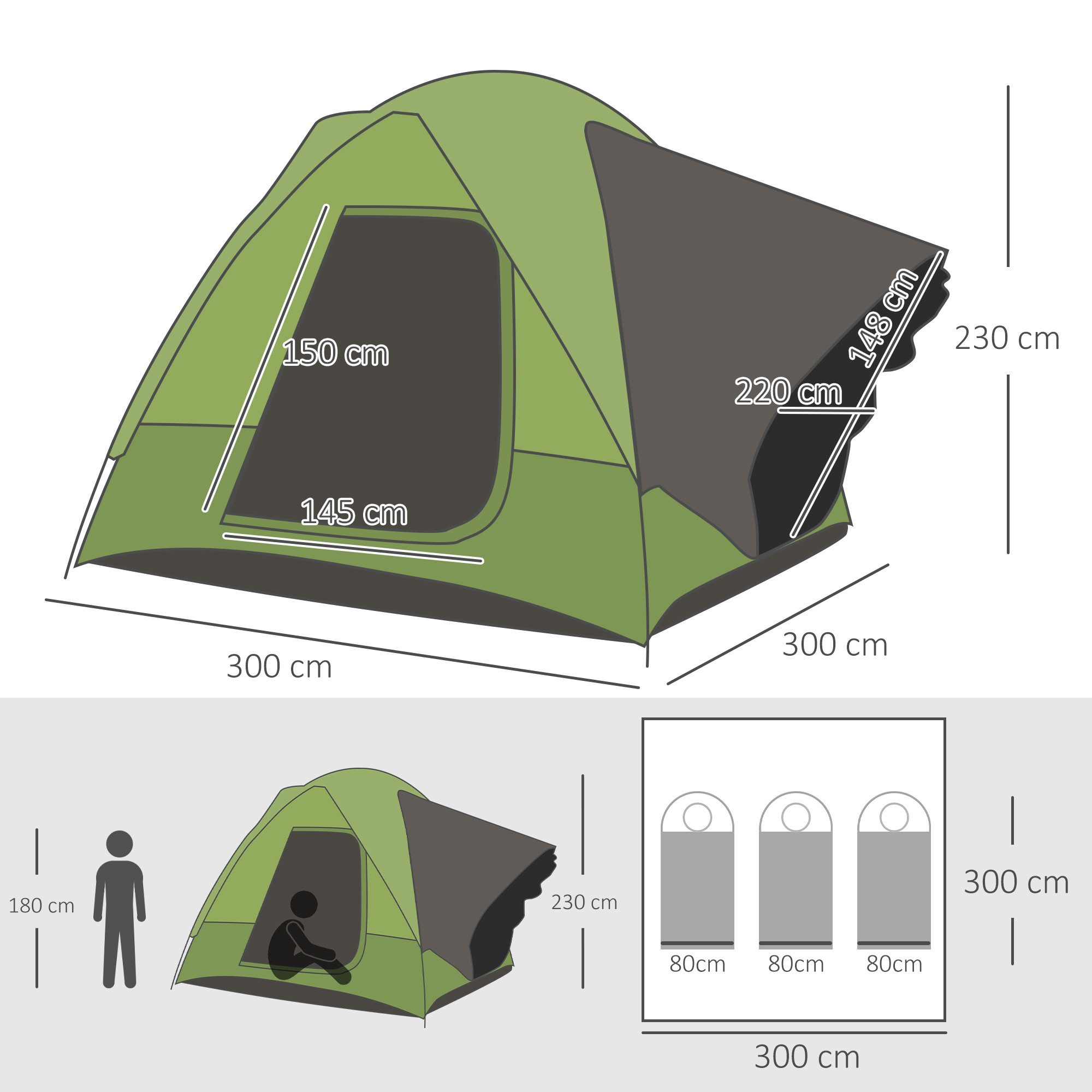 MC Star Kuppelzelt Campingzelt Autozelt für 4-5 Personen, 300 x 300 x 230 cm, (aus Glasfaser & Polyester, grün, ideal für Outdoor-Abenteuer)