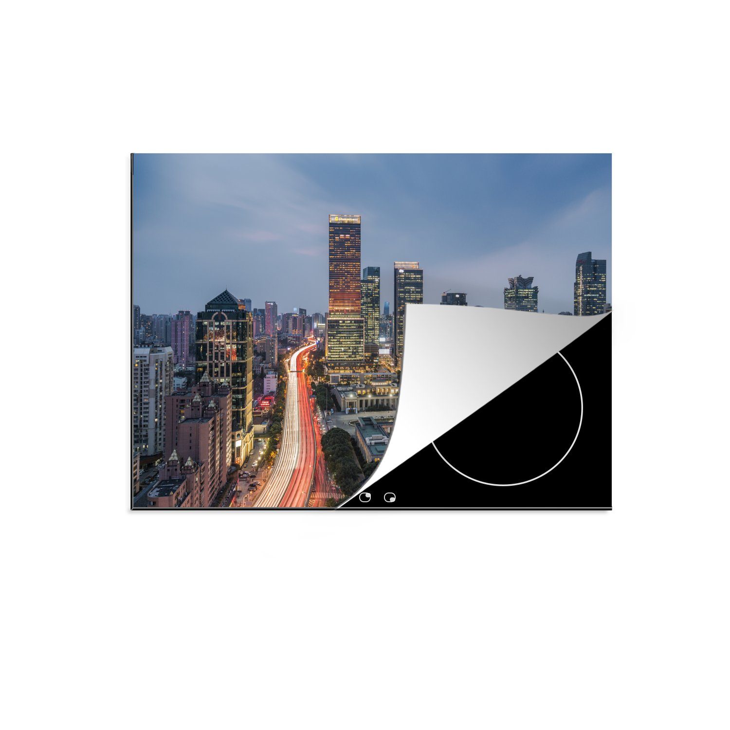 MuchoWow Herdblende-/Abdeckplatte Dunkle Wolken über der chinesischen Stadt Jinan am Abend, Vinyl, (1 tlg), 70x52 cm, Mobile Arbeitsfläche nutzbar, Ceranfeldabdeckung