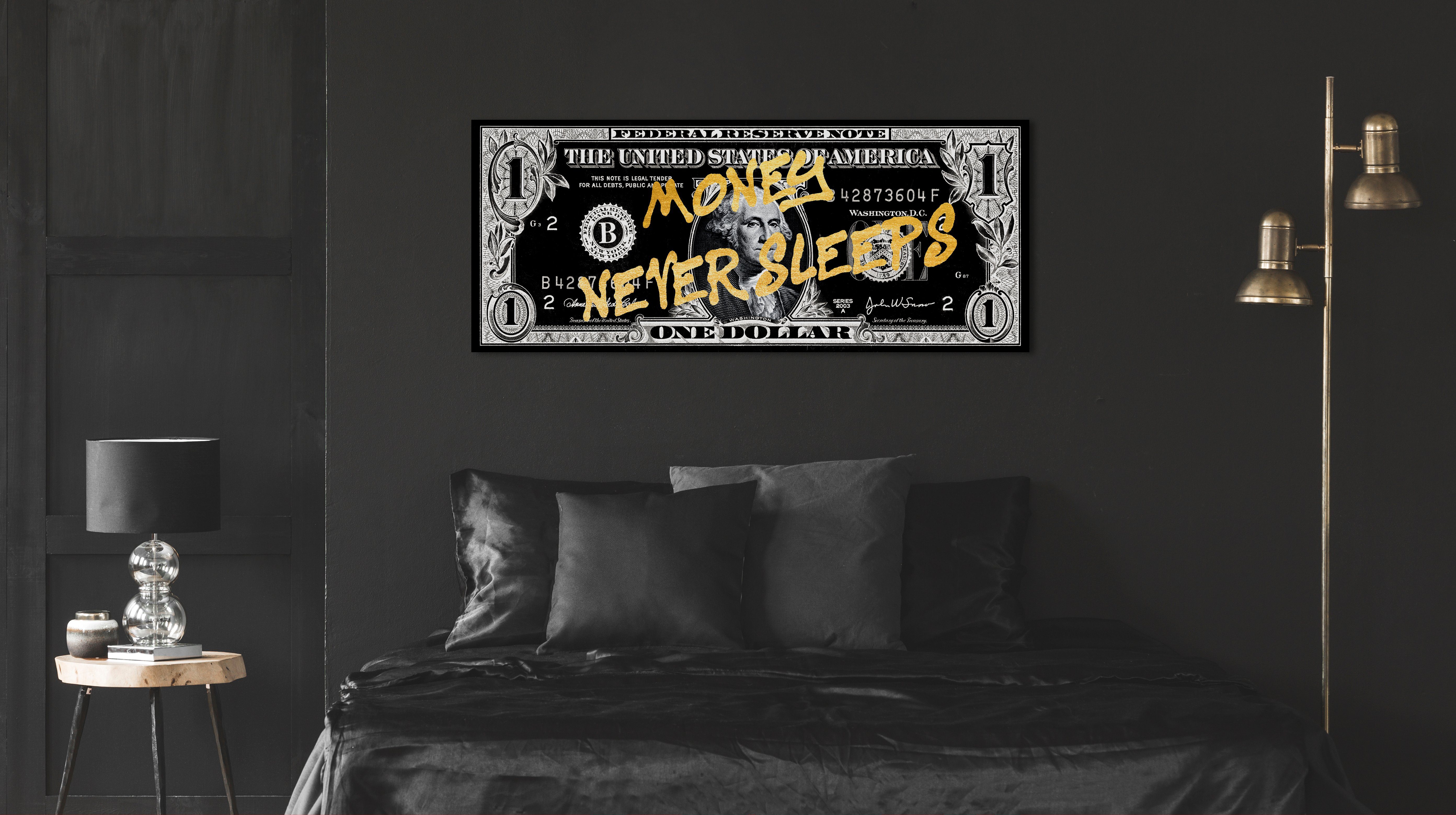 queence Acrylglasbild Money never sleeps - Geldschein - Acrylbilder mit Blattgold veredelt, Geldschein/Spruch (1 St), Goldveredelung, Handgearbeitet, Gerahmt, Edel