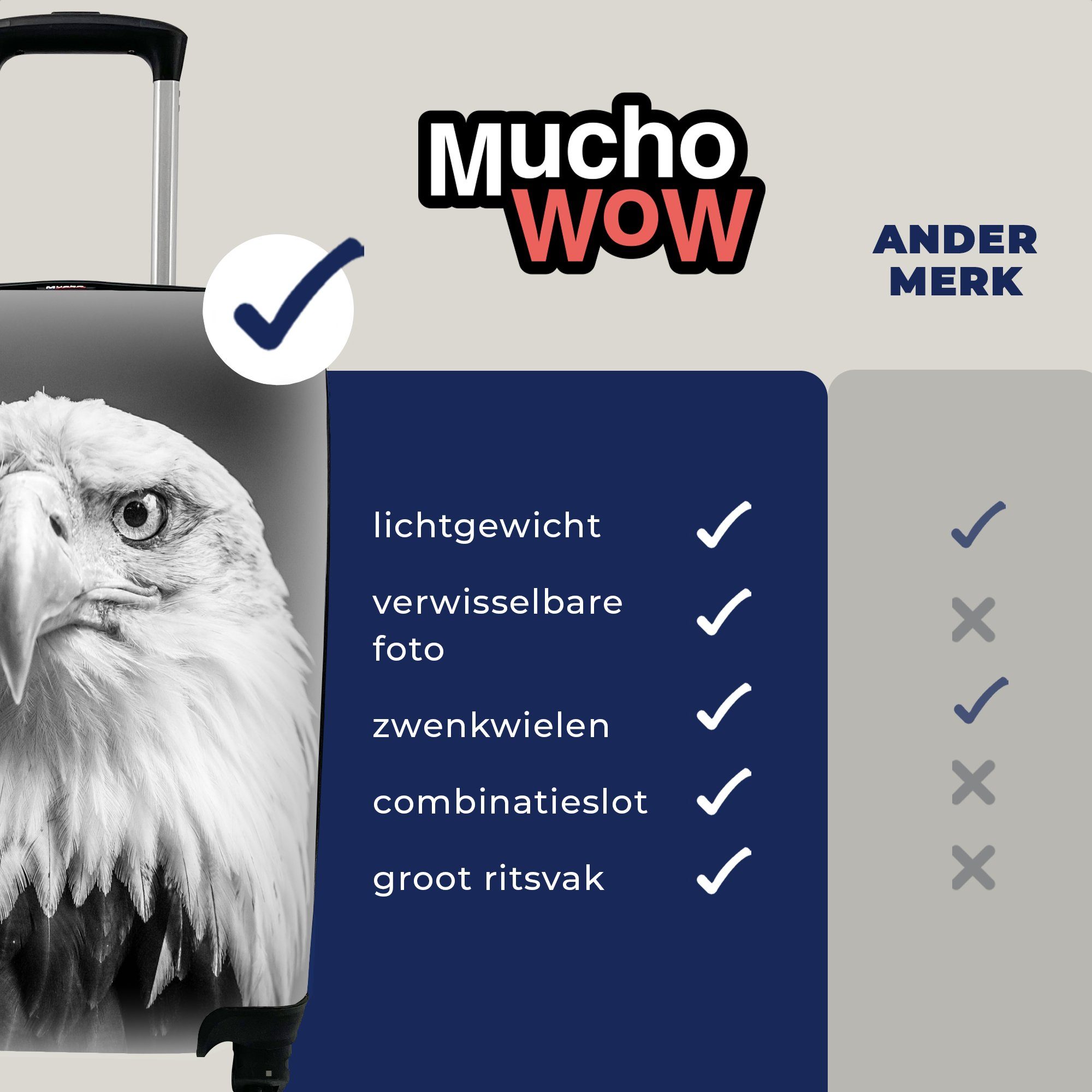 - Trolley, Tiere, - Reisetasche - Handgepäckkoffer - rollen, Adler Rollen, MuchoWow Reisekoffer Ferien, Handgepäck Weiß für Raubvogel mit Schwarz 4