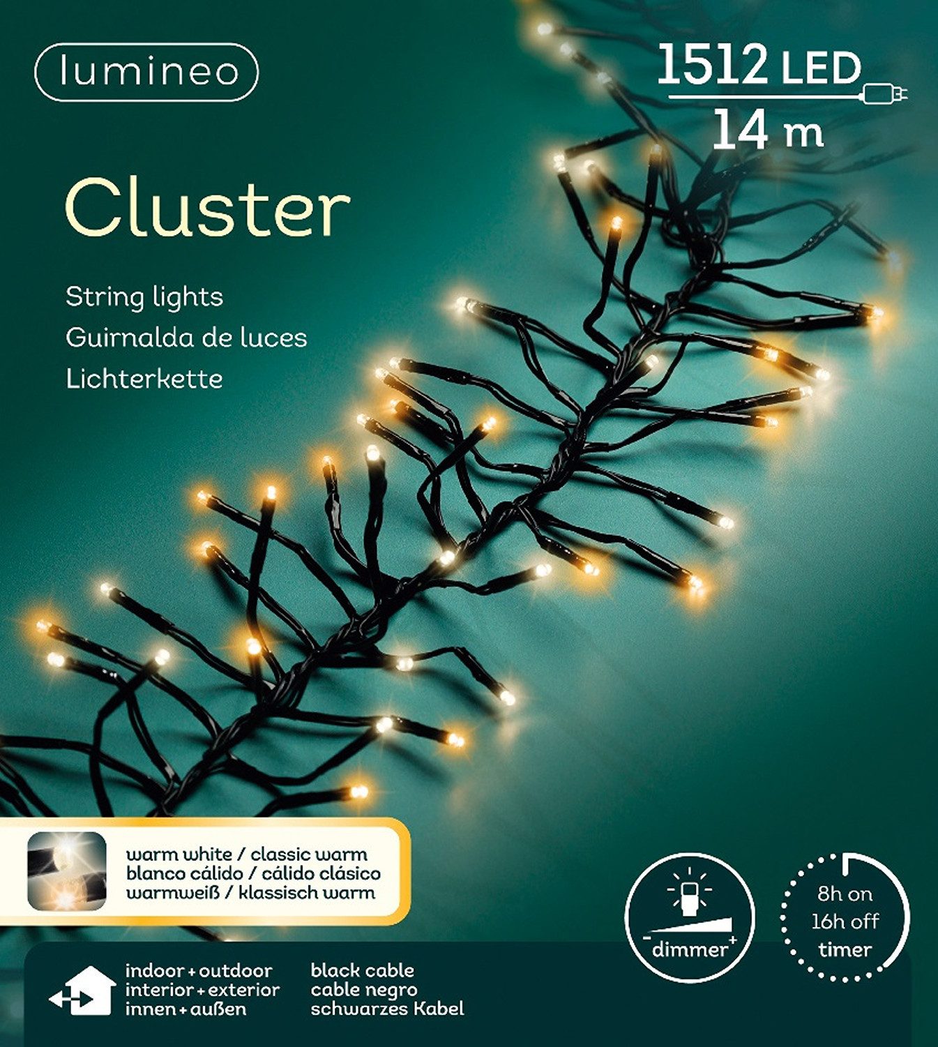 Lumineo LED-Lichterkette Lumineo Lichterkette CLUSTER 1512 LED 14 m, warm weiß + klassisch warm, Dimmbar, 8h-Timer, Indoor/Outdoor, 2 Farben