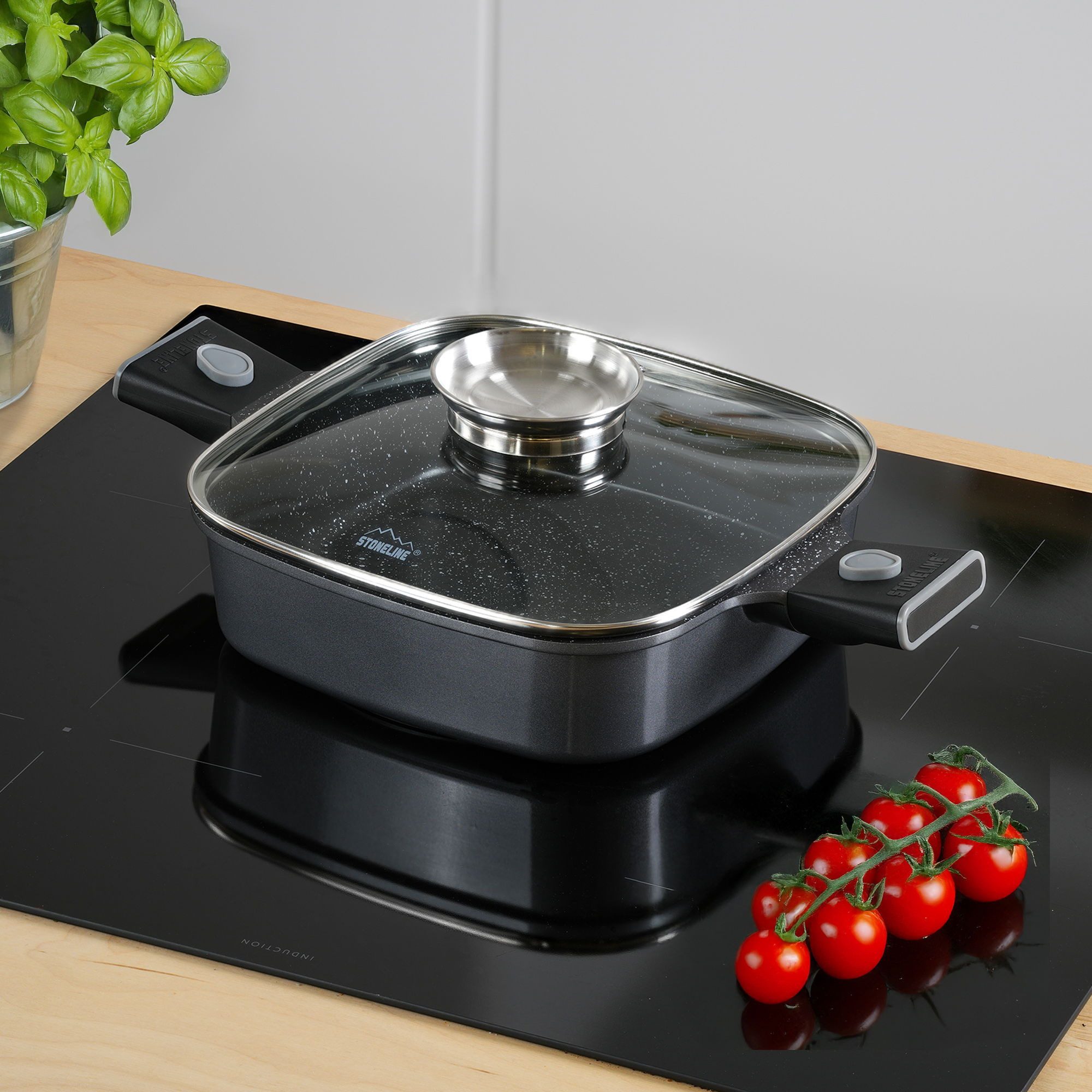 STONELINE Servierpfanne, Aluminiumguss (2-tlg), mit echten Steinpartikeln, induktionsgeeignet, Designed in Germany