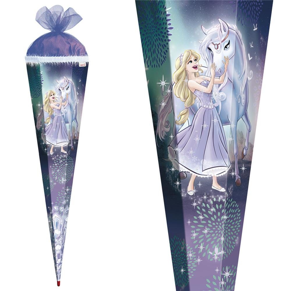 Roth Schultüte Königin im Eis mit Glitter & Glitzerborte, 85 cm, eckig, lilafarbiger Tüllverschluss, Zuckertüte für Schulanfang
