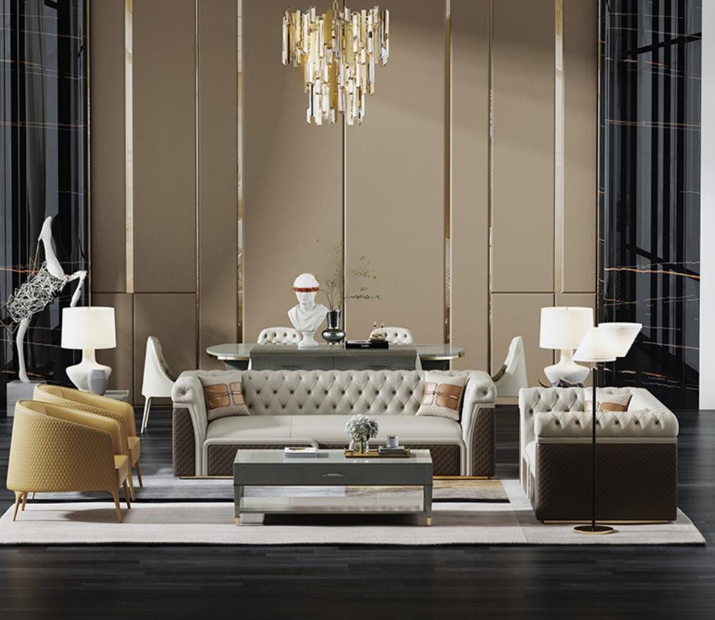 JVmoebel Polstergarnitur Elegantes Chesterfield Sofa in warmem Beigeton aus Kunstleder, (Set, 4-tlg), Made in Europa