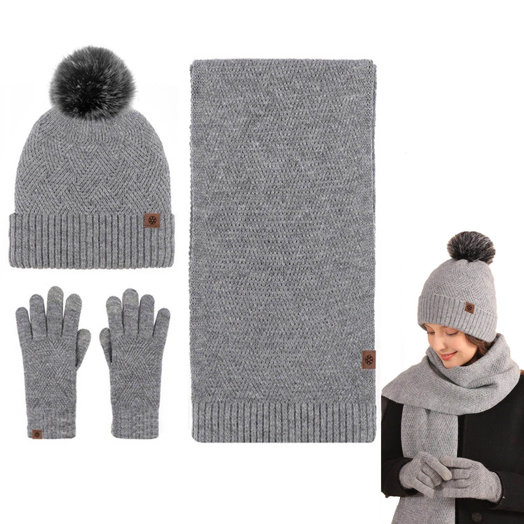 Mutig Mütze & Schal Mütze Schal Handschuh 3-Set,Gestrickte Touchscreen-Handschuhe (Winter Weich Warm,Warmes Strick-Set mit Futter,Damen Unisex, Hergestellt aus weichen Wolle,Winter Geschenk-Mehrfarbig) Geschenk zu Weihnachten, Erntedank oder Neujahr