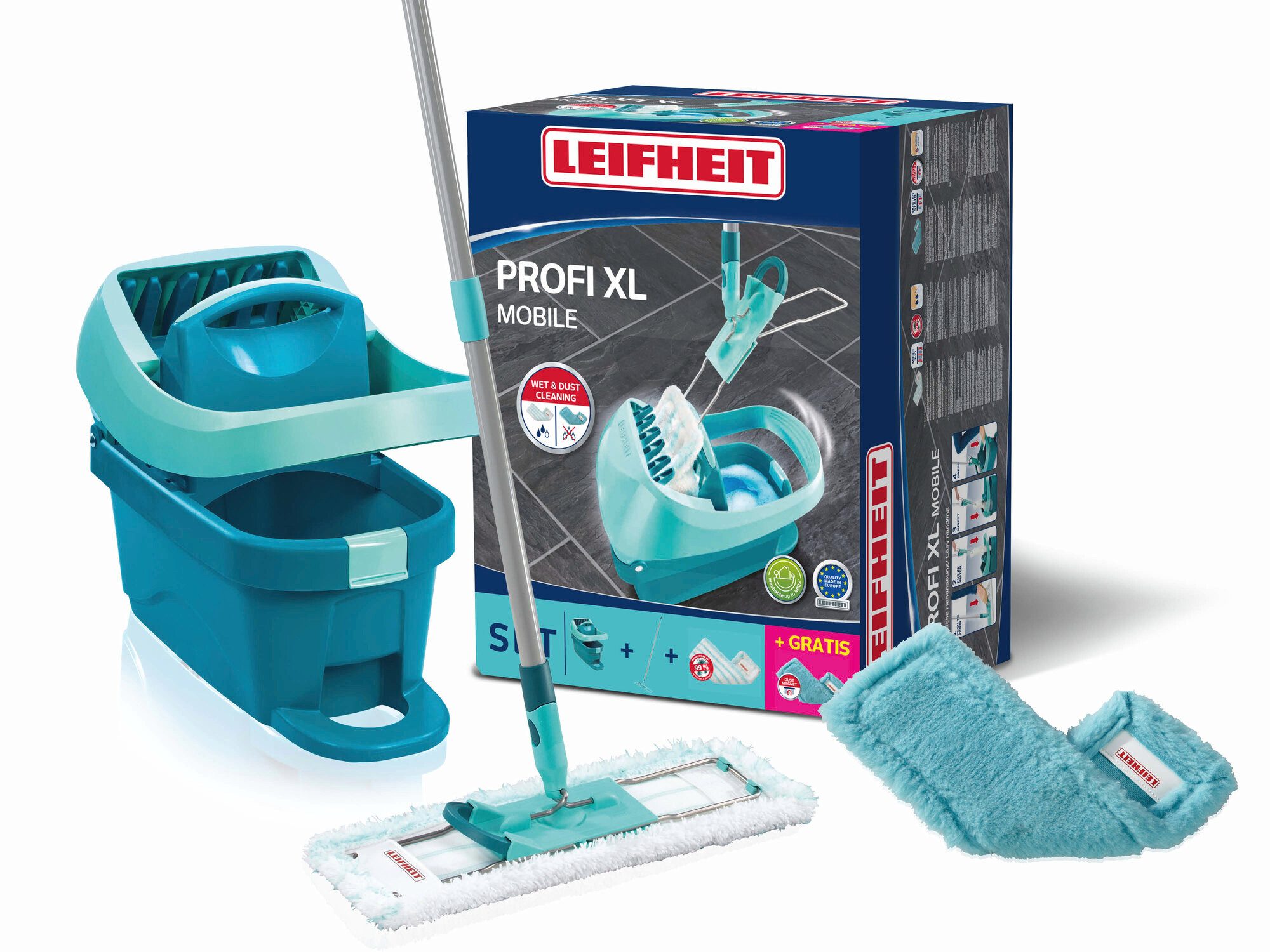 Leifheit Wischmopp Set Wischtuchpresse Profi XL mit Rollen, Bodenwischer mit micro duo, Waschbare Bezüge, Wischbreite 42cm, Arbeitshöhe 146cm