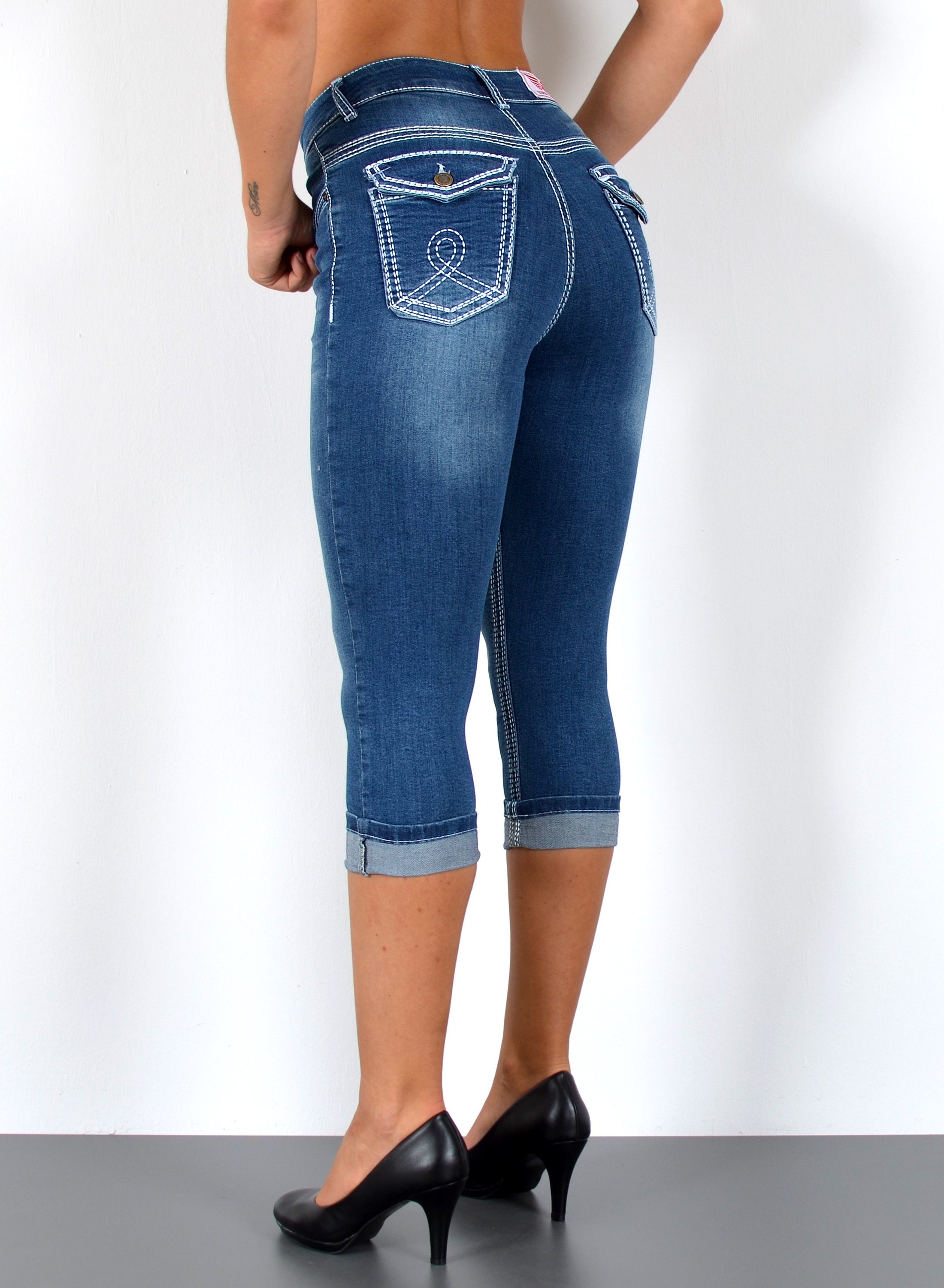 ESRA Caprijeans Damen 3/4 Capri Jeans-Hose mit Kontrast-Nähte bis Große Größen J563 Damen High Waist Capri Jeans Stretch Jeans dicke Naht bis Übergröße
