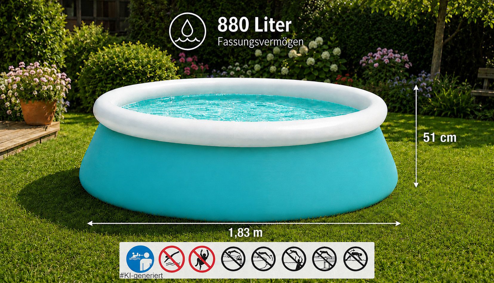 steinwohn Quick-Up Pool Ø 183 cm x 51 cm – 880 L Fassungsvermögen – Easy Set Familienpool, Wasserablassventil, Pumpenanschlüssen, Reparaturflicken & Warnbanner