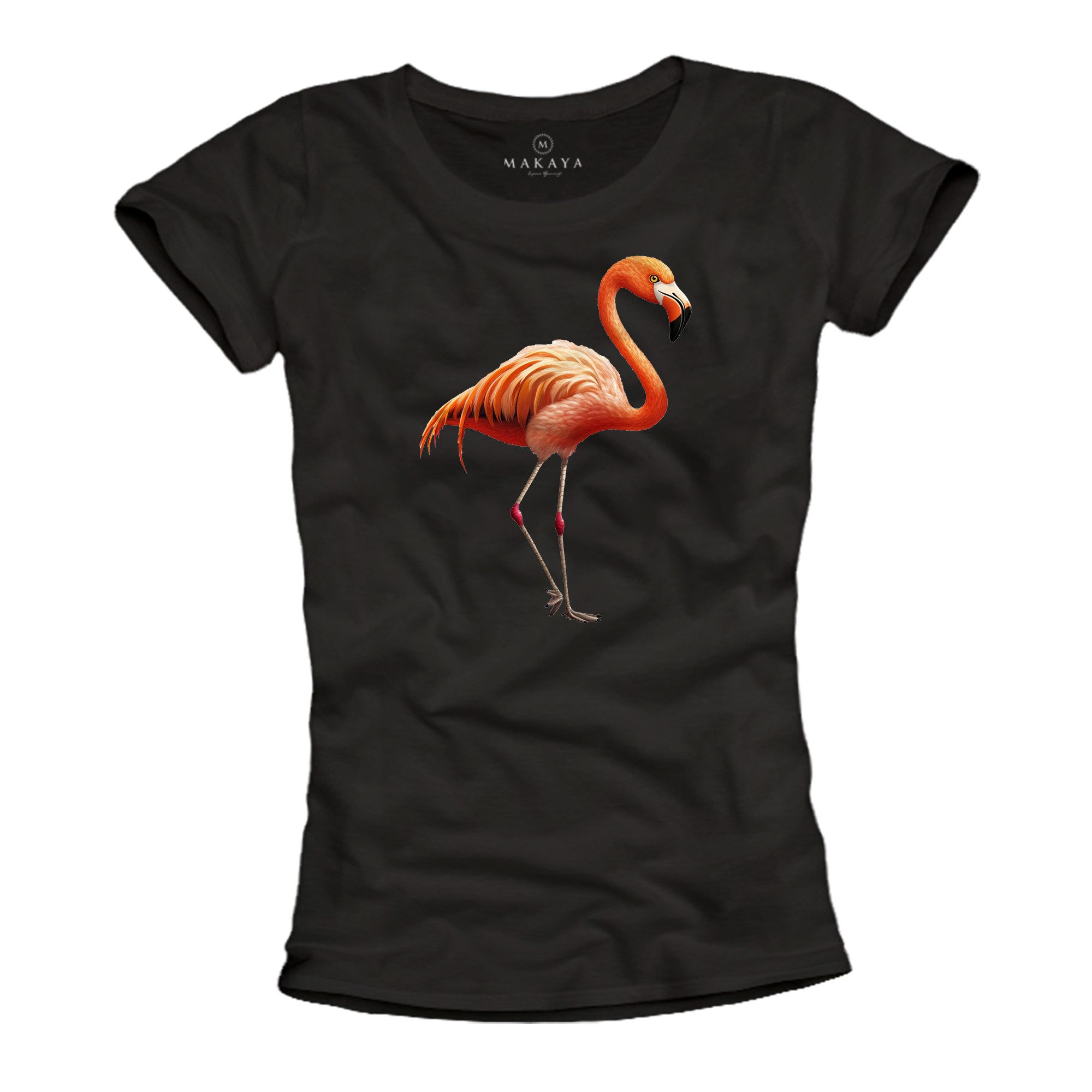 MAKAYA Print-Shirt Damen Flamingo Motiv Kurzarm Top Frauen Oberteile Modisch Elegant (Schwarz, Weiß, S, M, L, XL) aus Baumwolle