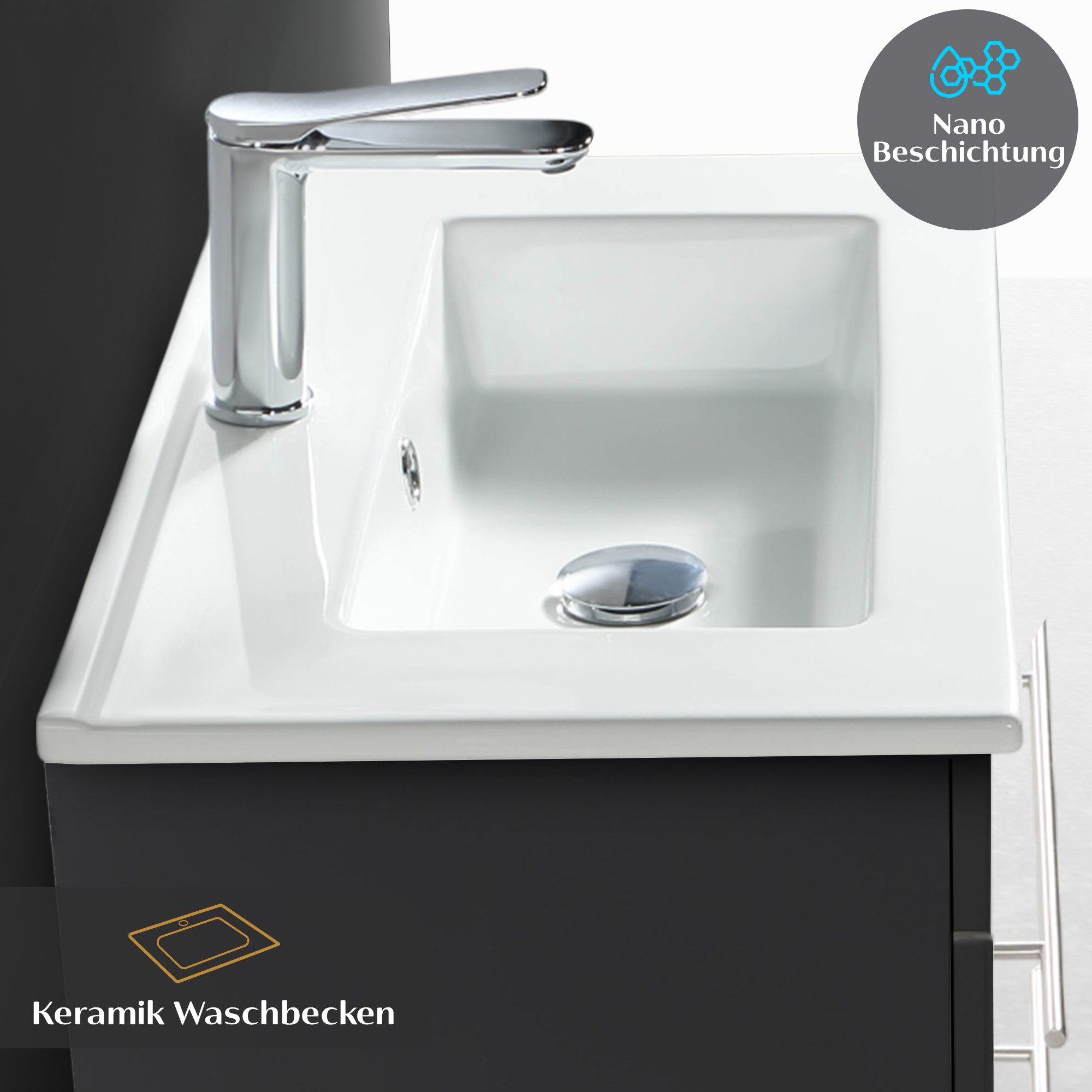 Alpenberger Badmöbel-Set Waschbecken mit Unterschrank - Waschbeckenunterschrank mit Schubladen, (Waschtisch mit Waschbecken 60cm breit, Waschbeckenschrank Hängend), Badezimmerschrank Schwarz Matt 60 cm Breit