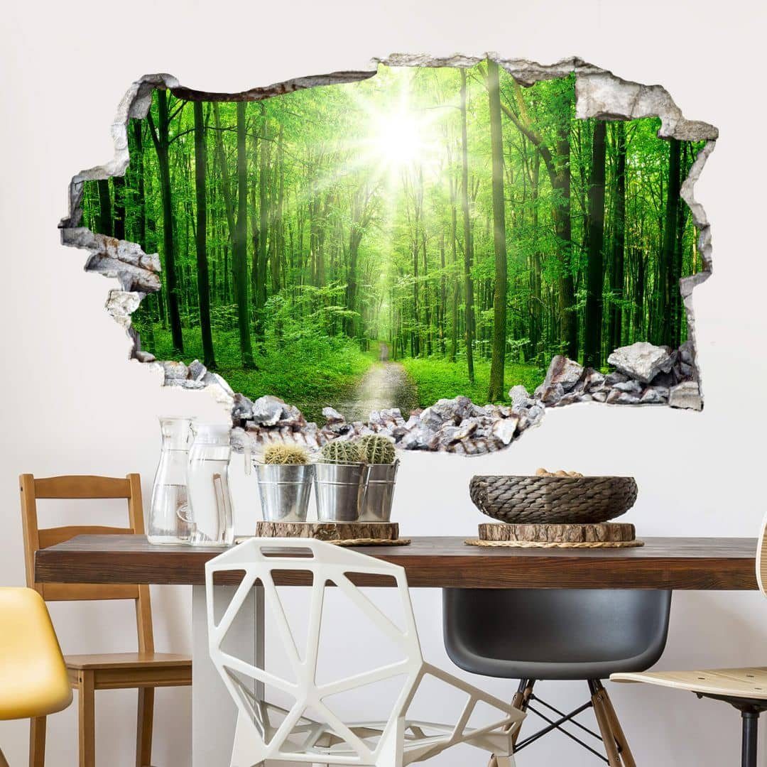 Wandtattoo Aufkleber, Wandbild 3D Mauerdurchbruch Wandsticker Wandtattoo Art Wall Wald K&L grüne selbstklebend Natur Sonnenstrahlen