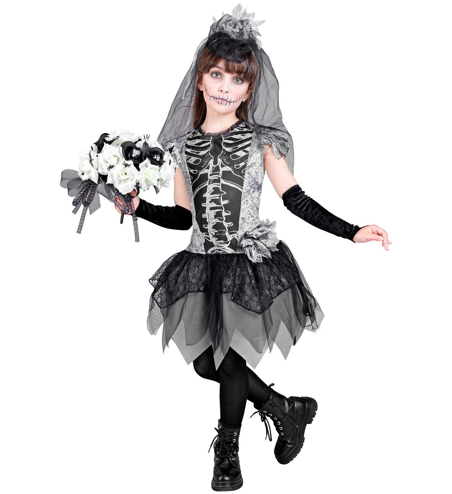 Widmann S.r.l. Hexen-Kostüm Geisterbraut Kinderkostüm - Skelett Kleid mit Schl