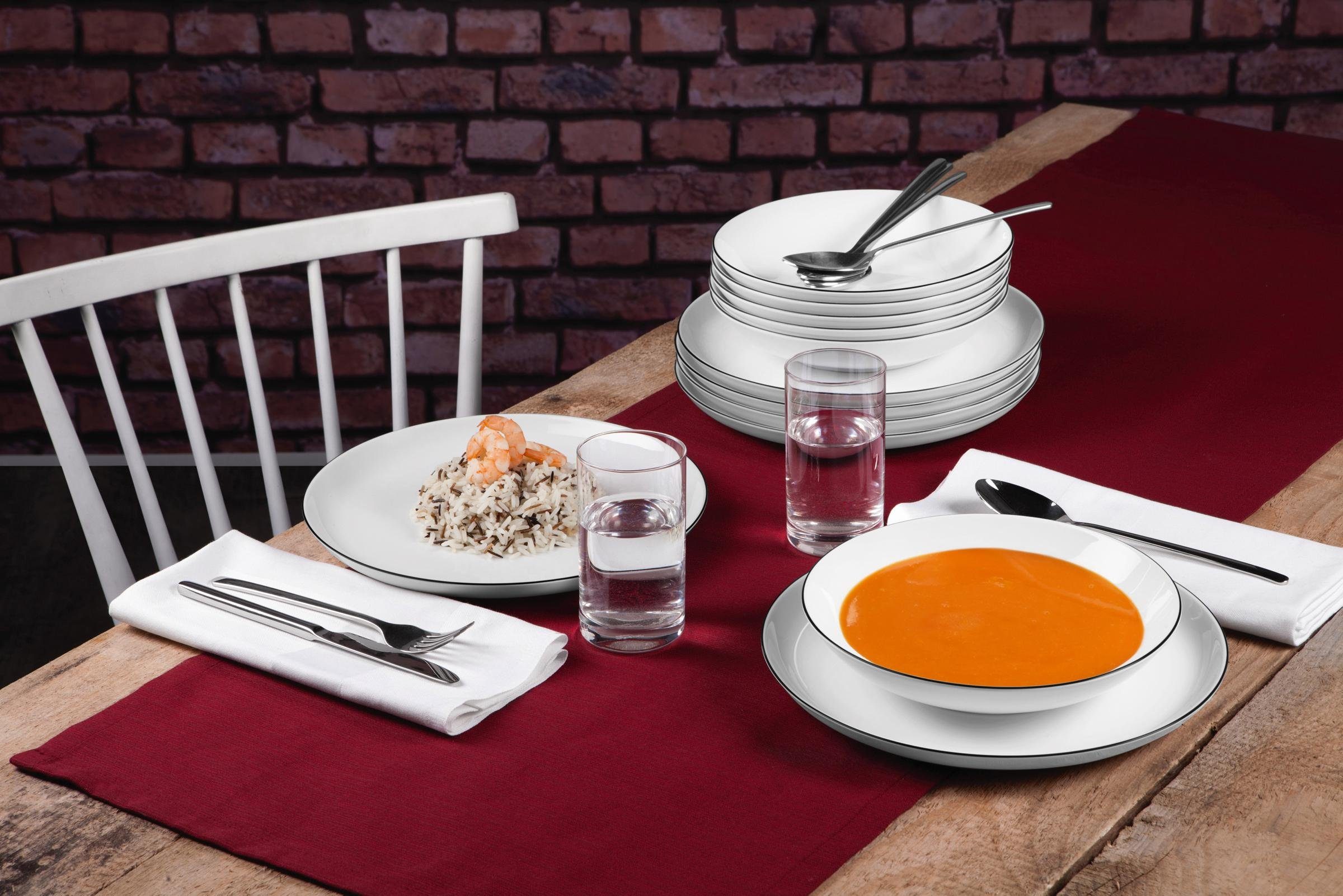 Seltmann Weiden Tafelservice Teller Set, Geschirr-Set Lido Black Line (12-tlg), 6 Personen, Porzellan, Suppenteller, 12 Teile, für 6 Personen, Made in Germany