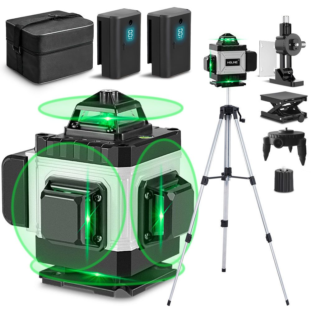 HGLINE Kreuzlinienlaser mit 1,2 m Stativ, 4D 16-Linien Selbstnivellierungslaser 4x360°, Laser Baustellen Kreuzlinienlaser Rotationslaser