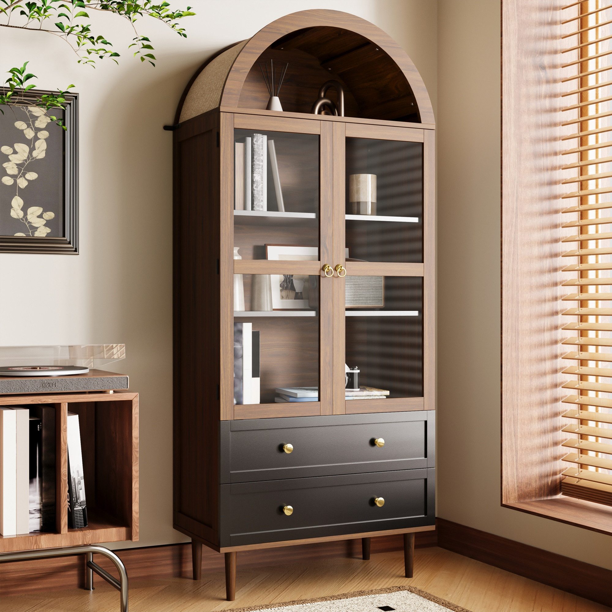 Merax Hochschrank Retro Sideboard Kommode mit walnussfarbener Holzmaserung (1-St) Aufbewahrungsschrank mit 2 gewölbter Glastür, 2 Schubladen,70×38×165cm