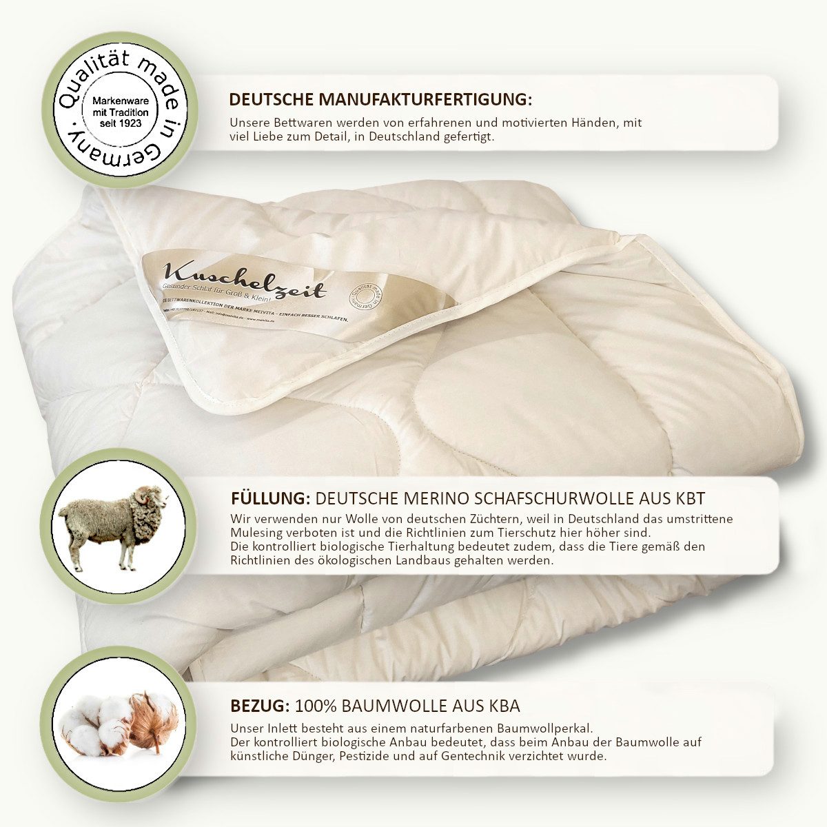 Meivita Kinderbettdecke Bio Merino Kinderdecke Ganzjahresdecke kbA und kbT in 100x135 cm, Füllung: 100% Wolle kbT, Bezug: 100% Baumwolle kbA, Bettdecke Hergeste – Bild 5 von 5