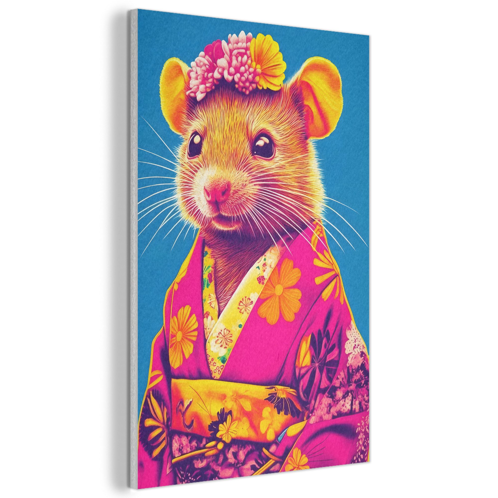 MuchoWow Gemälde Maus - Kimono - Blumen - Blau, Fotodruck (1 St), Akustikbilder PET-Filz, Wandpaneele, Akustikpaneele 60x90 cm
