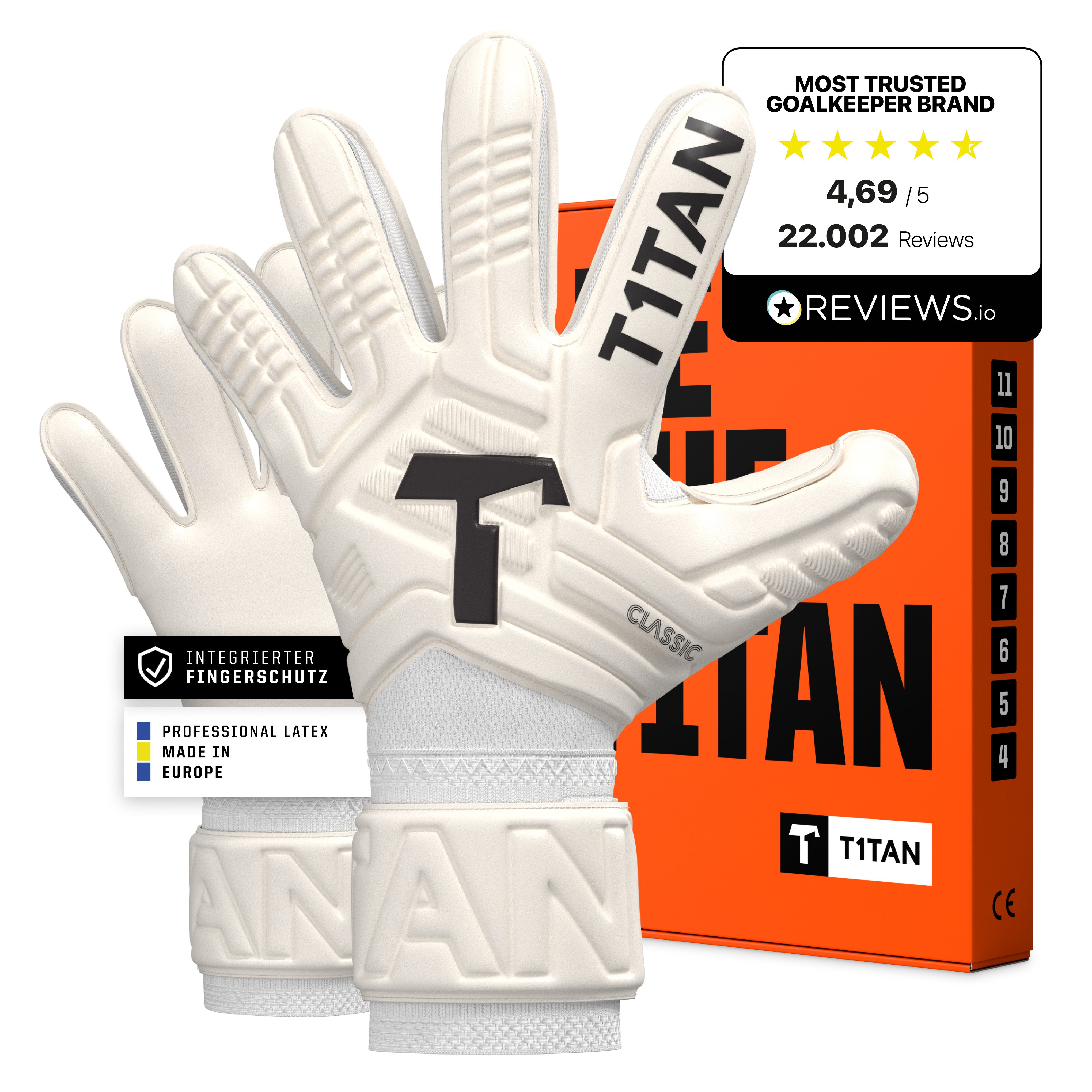 T1TAN Torwarthandschuhe Erwachsene, Fingerschutz, CLASSIC White-Out, Größe 6-11