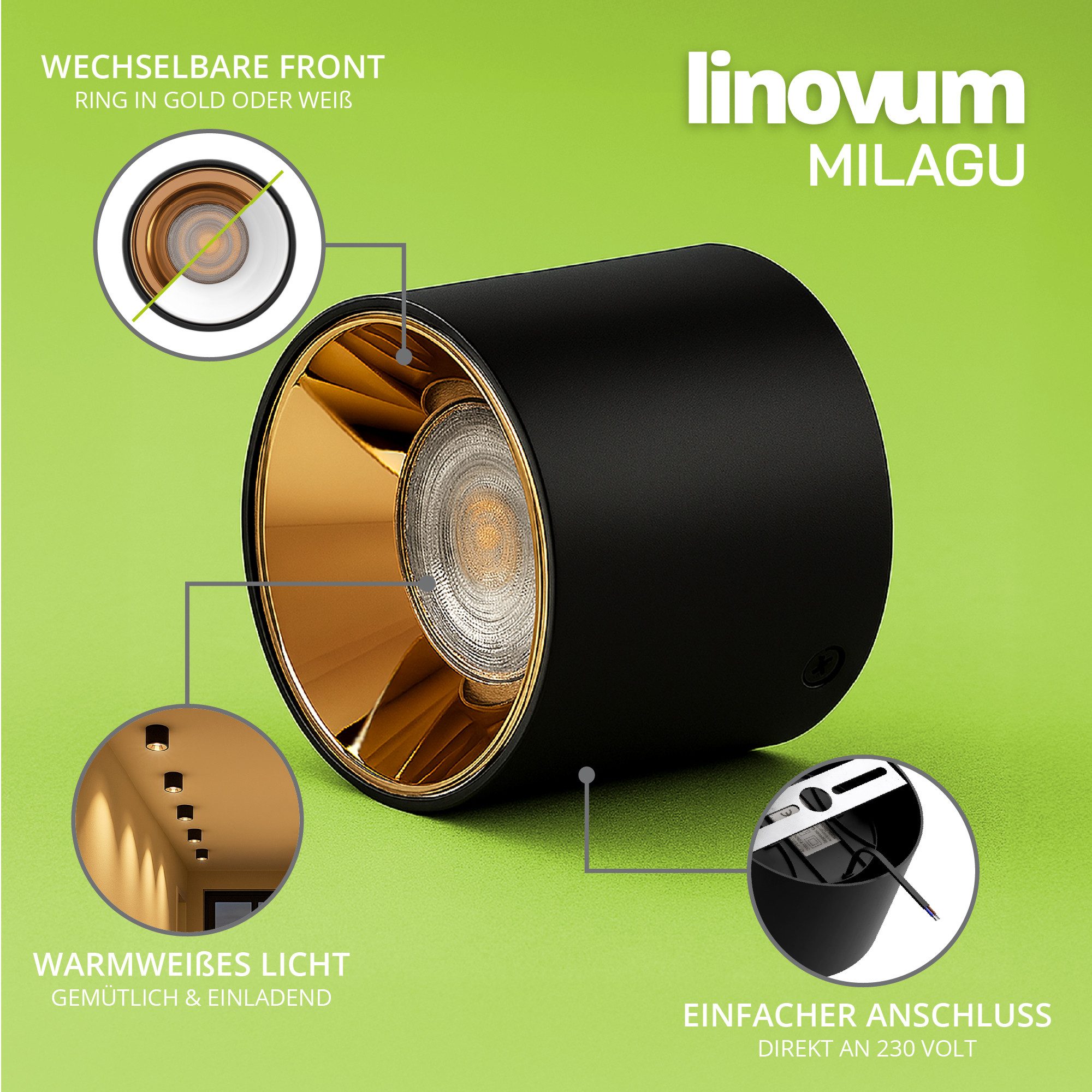 linovum LED Aufbaustrahler MILAGU LED Aufbauspot schwarz gold Aufbaustrahler flach warmweiß, Warmweiß – Bild 4 von 5