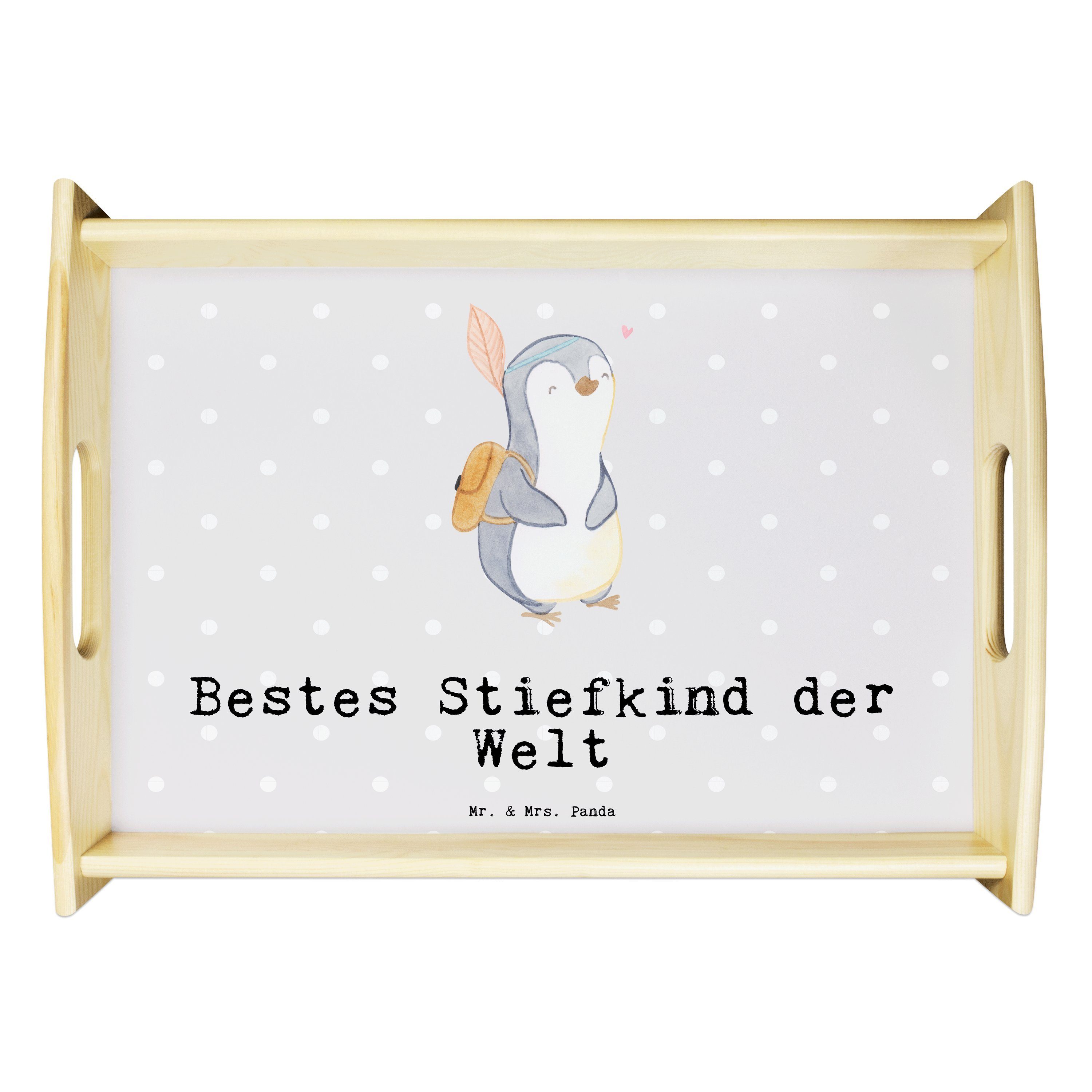Mr. & Mrs. Panda Tablett Pinguin Bestes Stiefkind der Welt - Grau Pastell - Geschenk, Geschenk, Echtholz lasiert, (1-tlg)