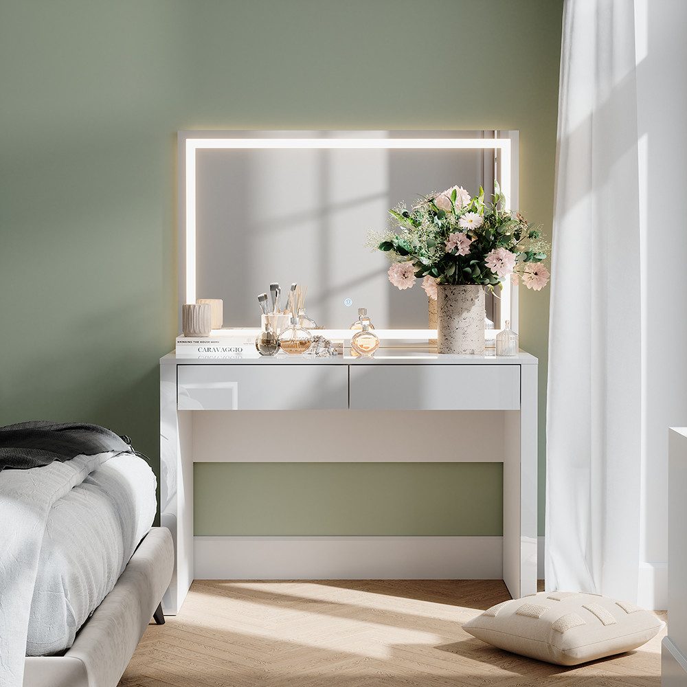 Vicco Schminktisch Annabelle, Weiß Hochglanz/Weiß, 110 cm mit LED-Spiegel günstig online kaufen