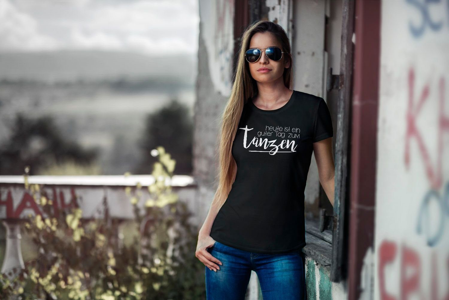MoonWorks Print-Shirt Damen T-Shirt heute ist ein guter Tag zum tanzen Party Techno feiern tanzen Festival JGA Slim Fit Moonworks® mit Print