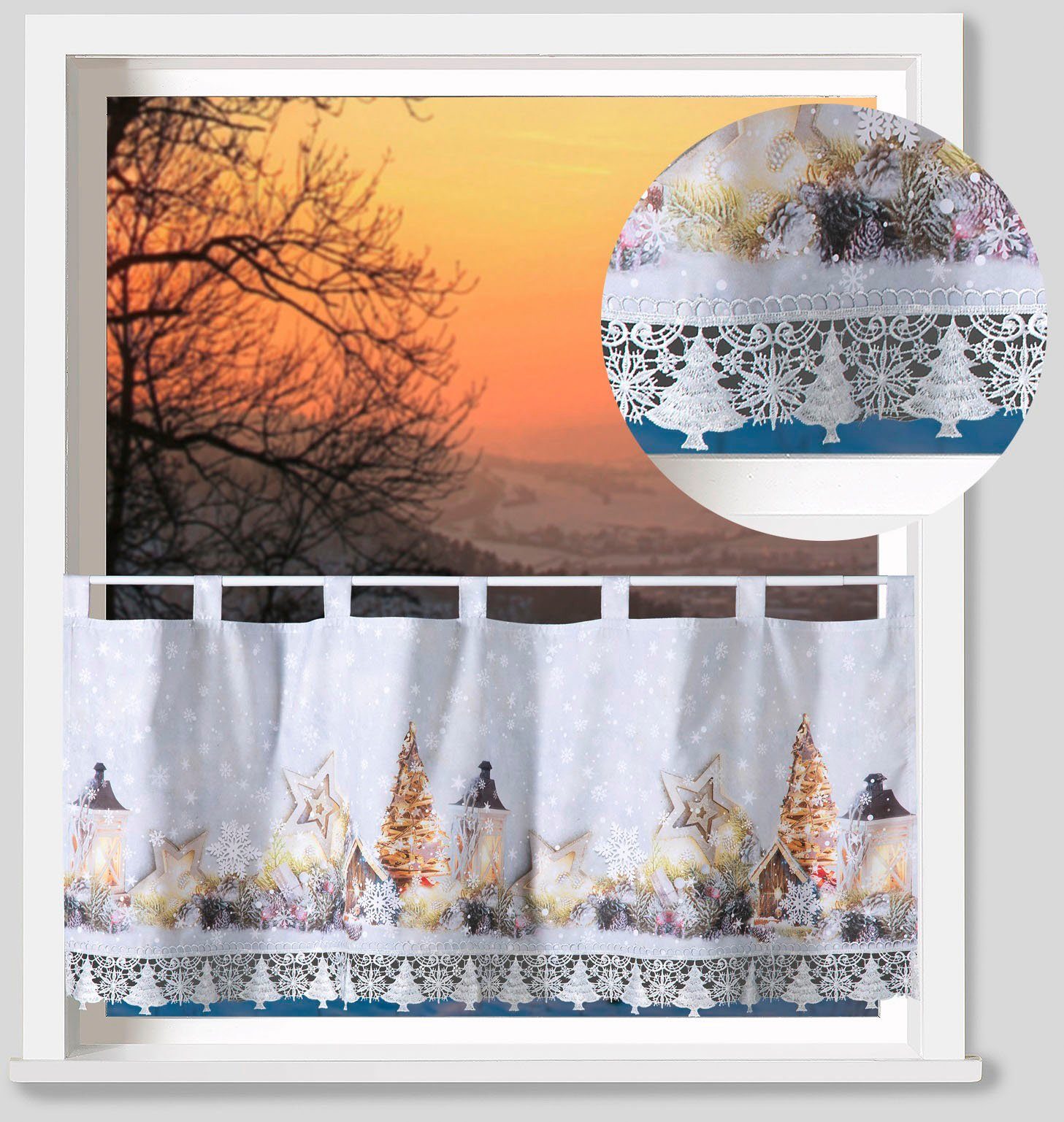 Weckbrodt Scheibengardine rustikale Weihnacht (1 St), Schlaufen, blickdicht, Microfaser, Bistro, Gardine, blickdicht, Macramè-Bordüre, HxB 45x120cm, Store