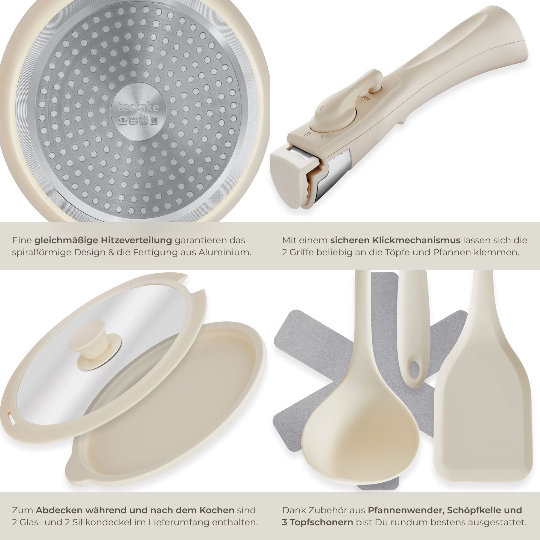 tectake Topf-Set Kochtopfset Genua 16-teilig für Induktion, Aluminium (Pfannenset Genua, 16-tlg., in Weiß), Abnehmbare Griffe, Keramik-Antihaftbeschichtung, spü – Bild 4 von 5