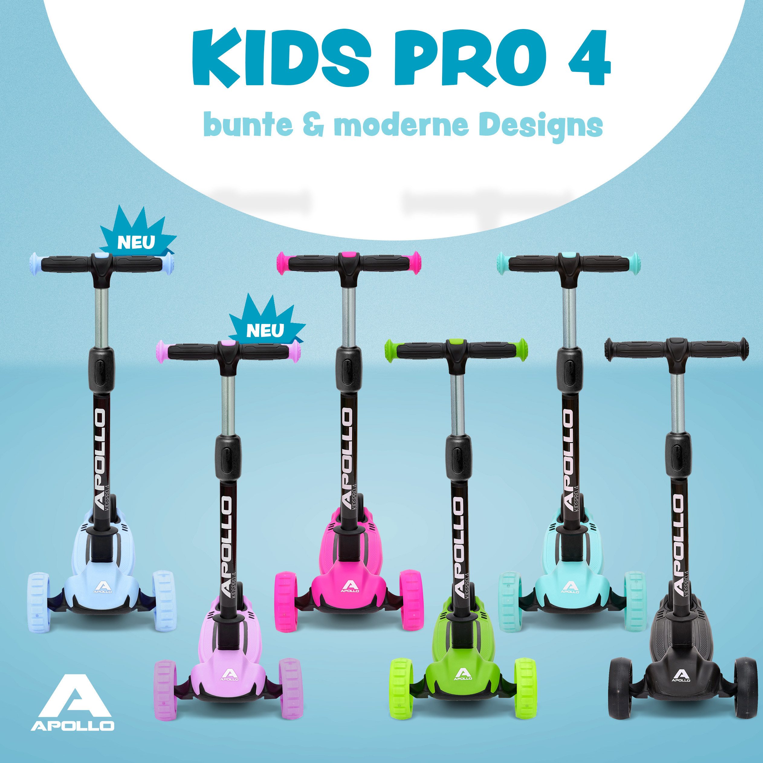 Apollo Dreiradscooter LED Kinderscooter Kids pro 4, Kinderroller mit LED Wheels, höhenverstellbar Für Kinder ab 3 Jahren