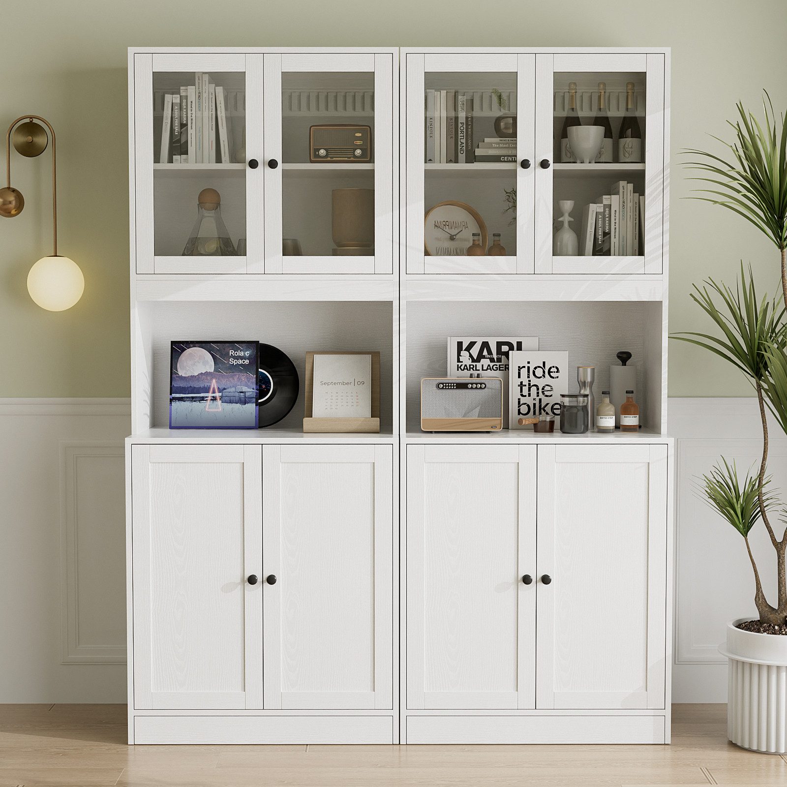 VOWNER Vitrine 180cm Vitrinenschrank mit Glastüren, Küchenschrank mit Arbeitsplatte (2-St) 5-Stöckiges Bücherregal, Buffetschrank für Wohnzimmer