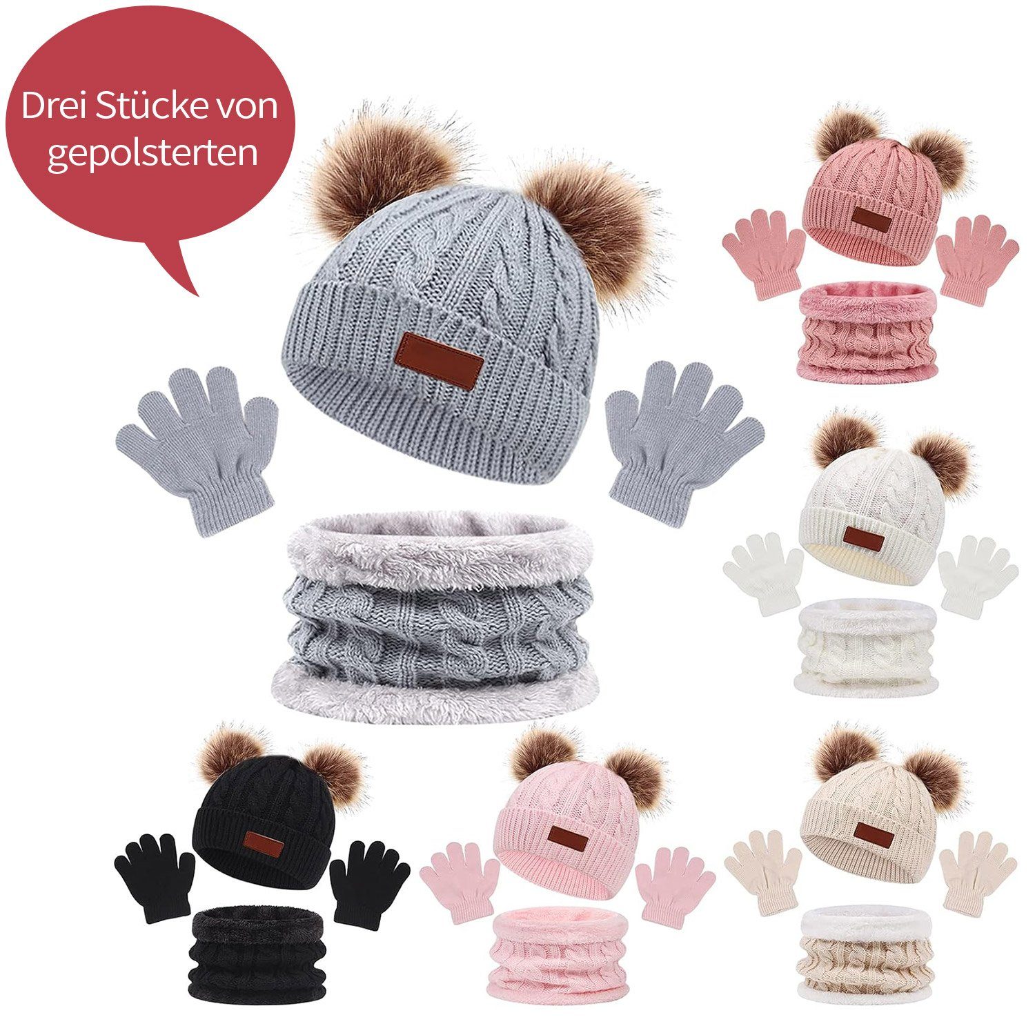 Daisred Strickmütze, Schwarz warme Kinder Winter Halstuch, Schlupfmütze Handschuhe-Set