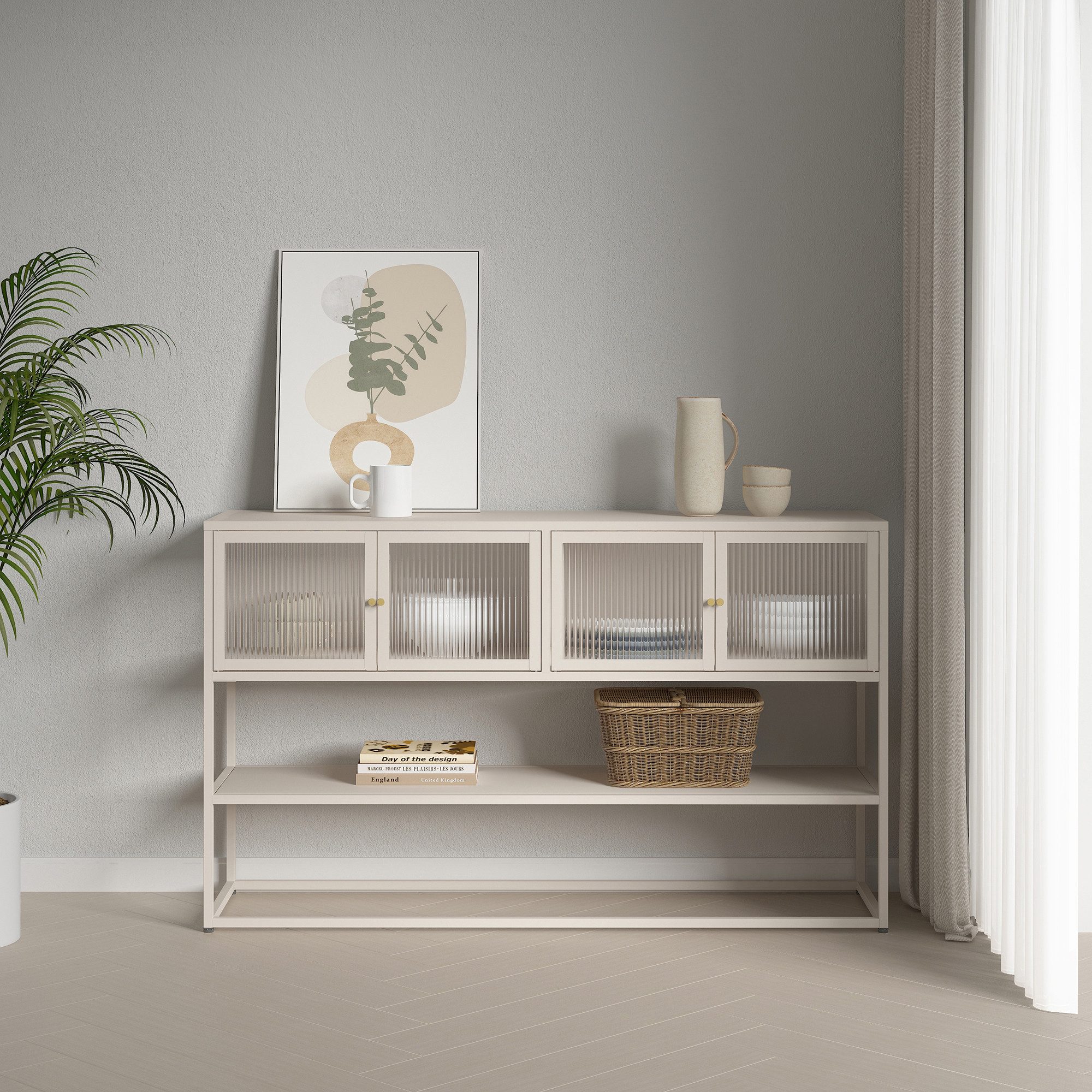 en.casa Vitrine »Säkylä« 4 Glastüren 2 Fächer 1 Ablage 150x38x90 cm Kamelfarben