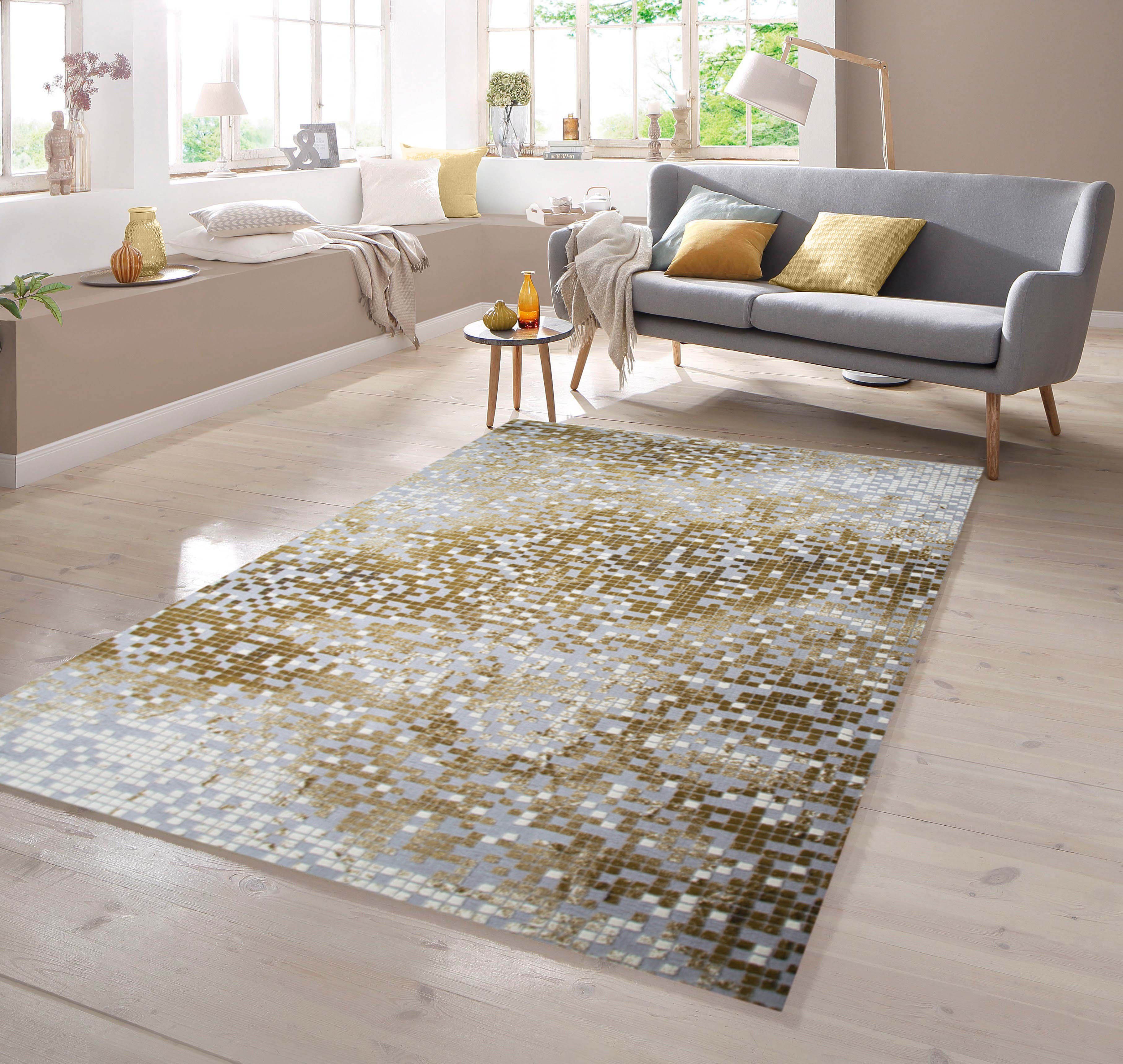 Teppich Designer Teppich mit Konturenschnitt Kariert in Grau Senfgelb Creme, TeppichHome24, rechteckig