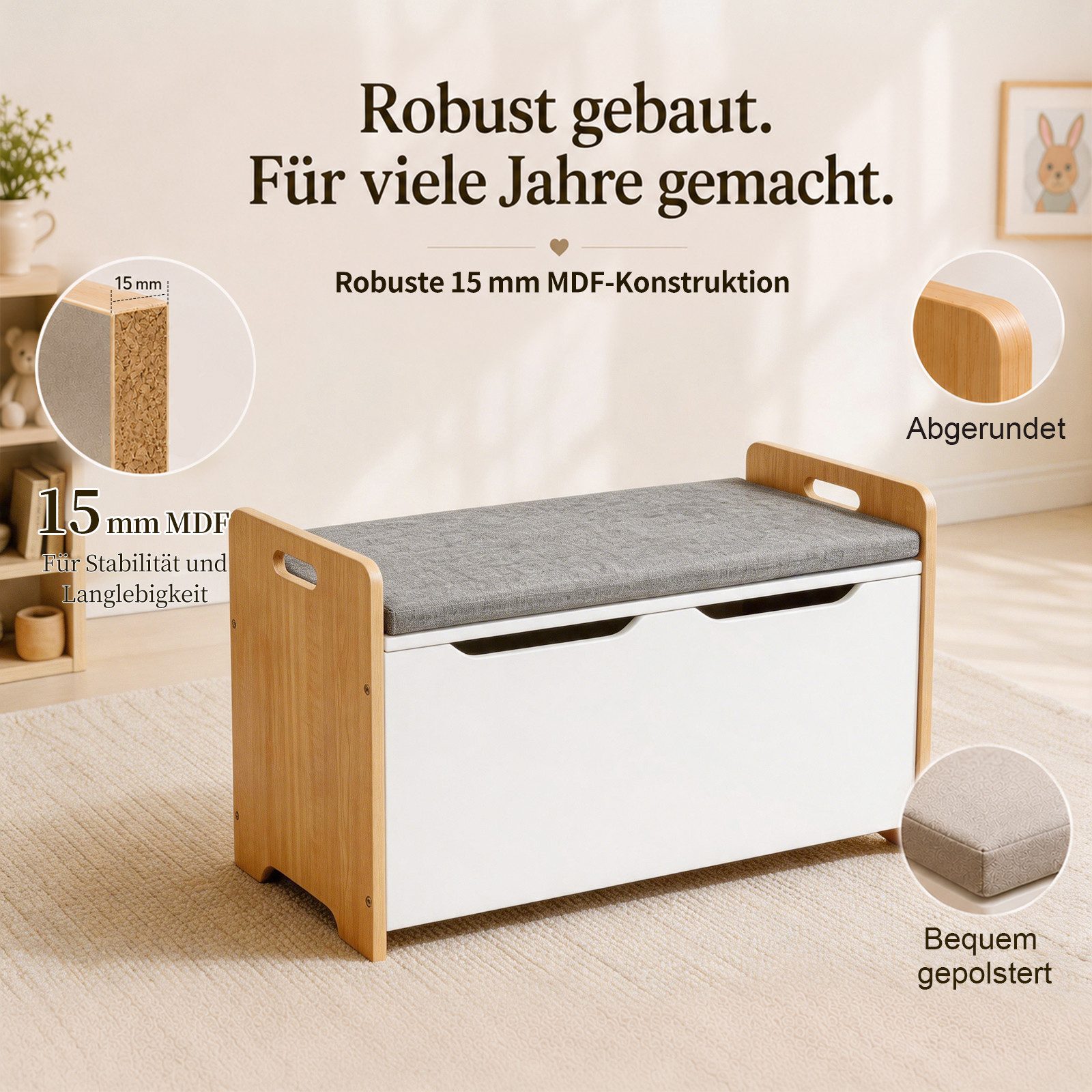 ALVIX Spielzeugtruhe NESTA 1, 3 cm Sitzkissen, Soft-Close-Deckel, abgerundete Seiten, 15 mm MDF – Bild 4 von 5