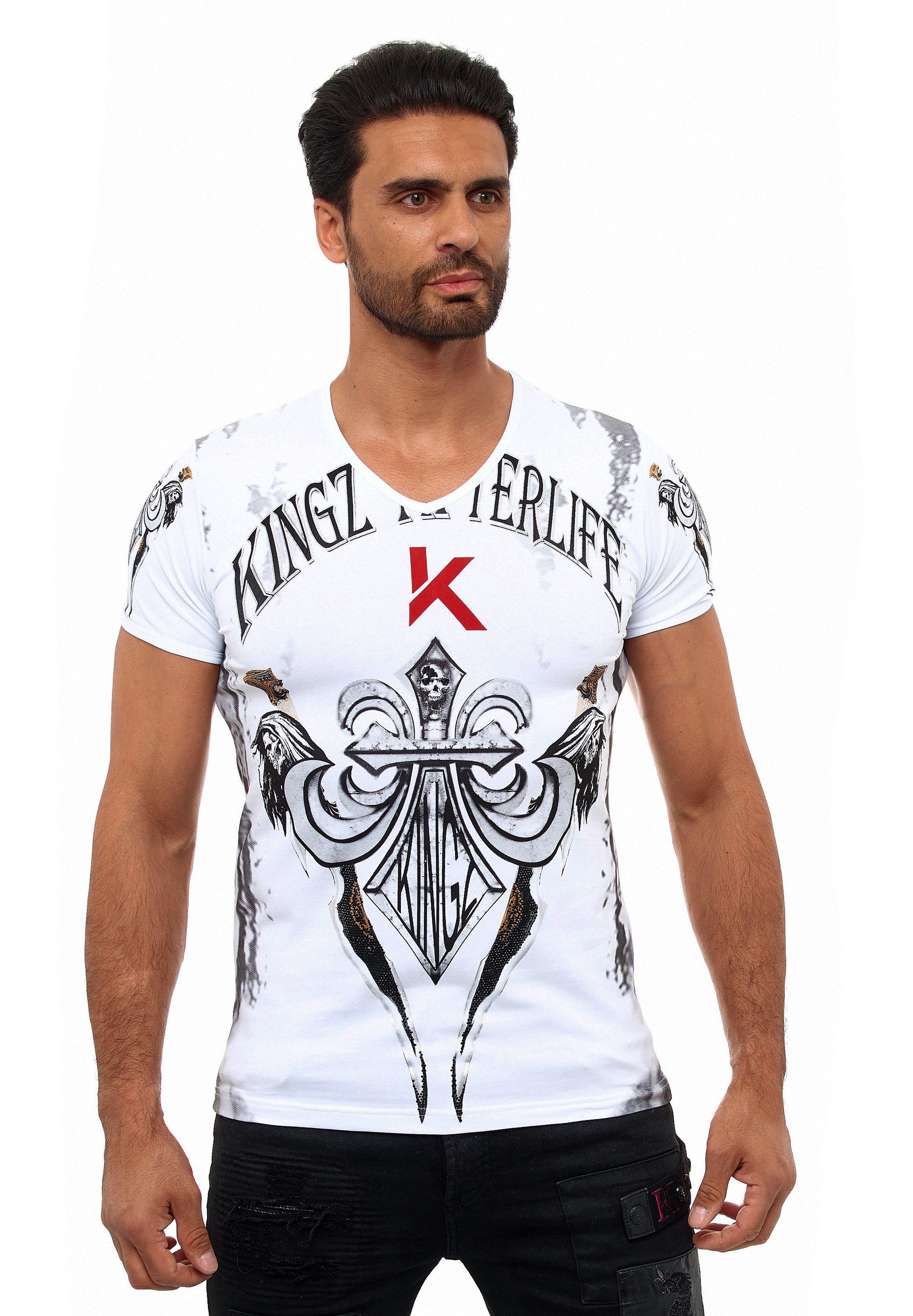 schönem KINGZ Lilien-Motiv T-Shirt mit weiß-silberfarben