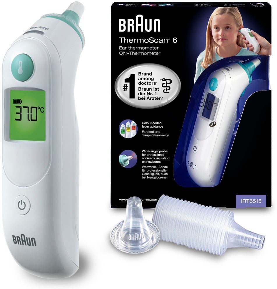 Braun Ohr-Fieberthermometer ThermoScan® Ohrthermometer 21 Farbcodiertes Inklusive Einweg im Schutzkappen, zur IRT6515, ein Verwendung und Nachtlicht Display Dunklen 6