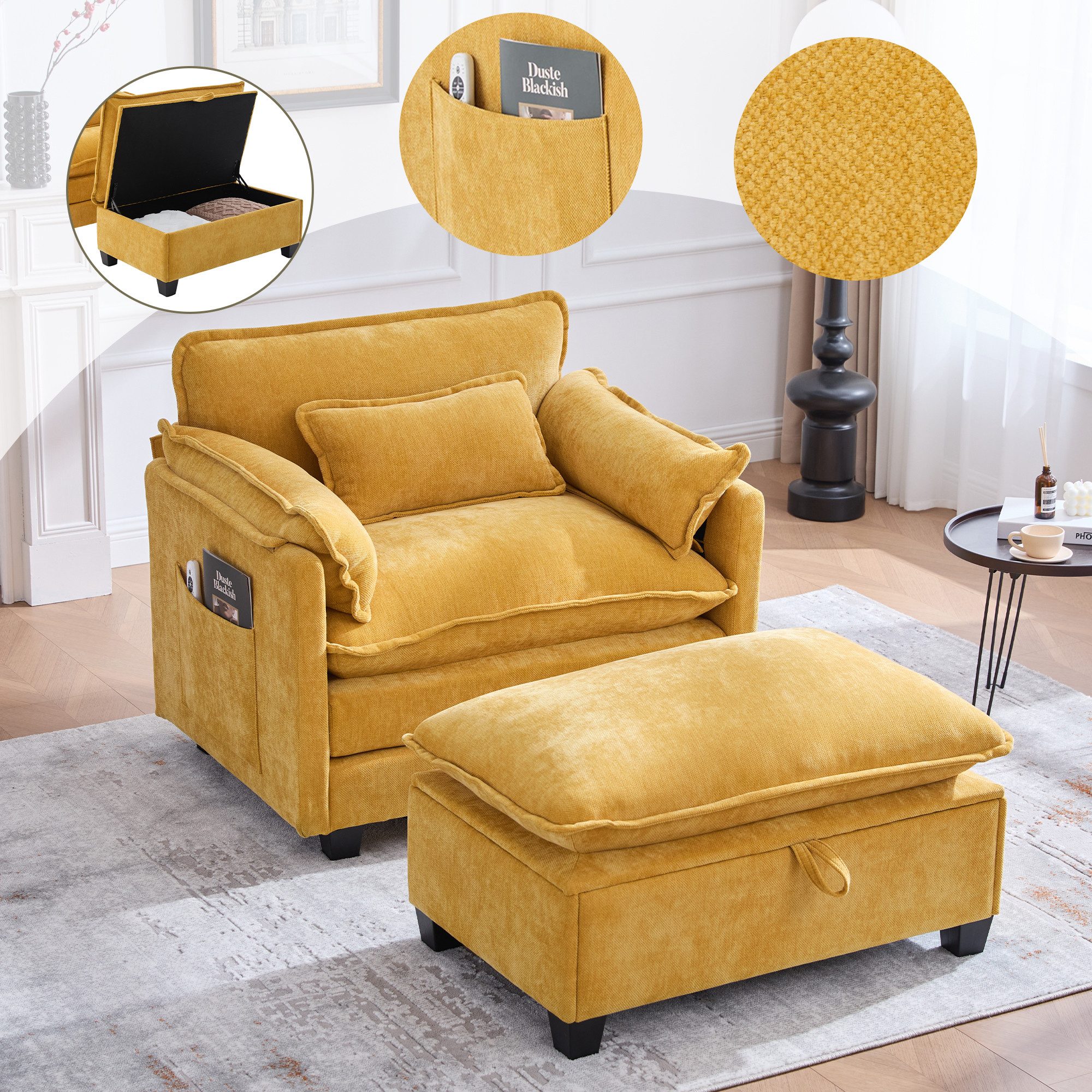 Totnz Sessel mit Hocker und Stauraum, Chenille Stoff, Seitentaschen (mit Hocker und Stauraum, Chenille Stoff, Seitentaschen, breite Sitzfläche mit Armlehnen, stabile Struktur), für Wohnzimmer, Schlafzimmer und kleine Räume