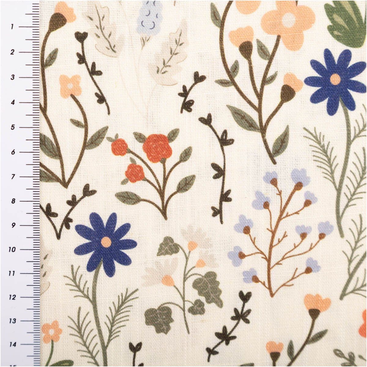 SCHÖNER LEBEN. Stoff Viskose Stoff Meterware mit 42% Leinenanteil Blumen beige bunt 143cm, atmungsaktiv