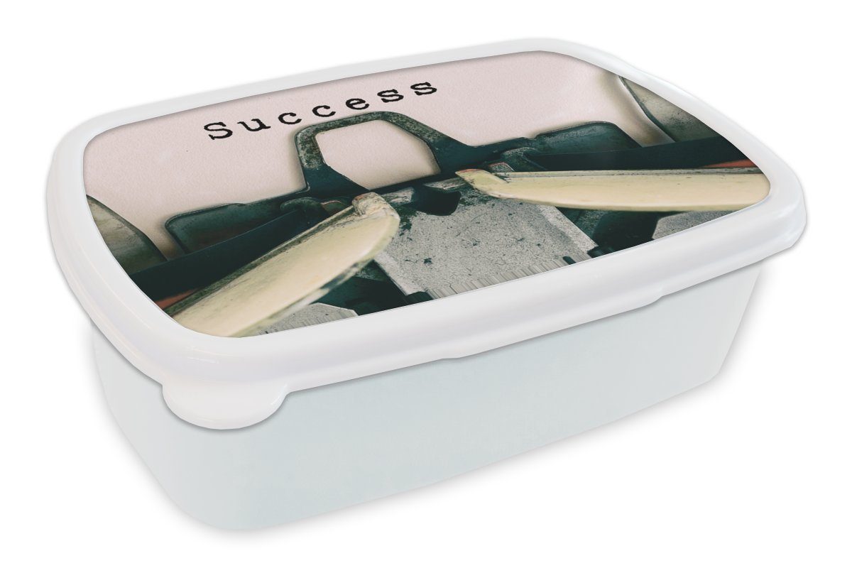 MuchoWow Lunchbox Schreibmaschine wünscht Erfolg, Brotdose, Jungs und Kinder und (2-tlg), Erwachsene, Brotbox weiß für Kunststoff, für Mädchen