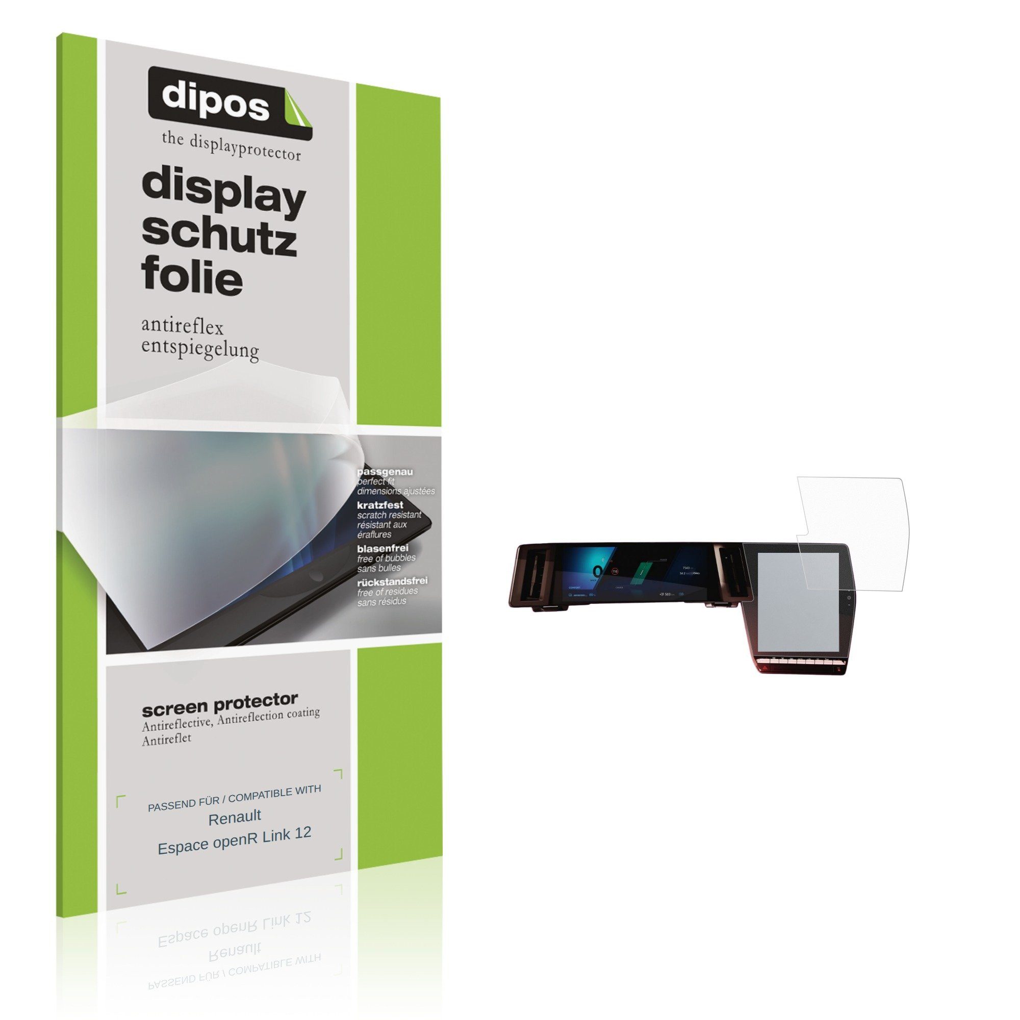dipos Displayschutzfolie Schutzfolie für Renault Espace openR Link 12, 2 Stück, Displayschutz Schutz Folie Made in Germany